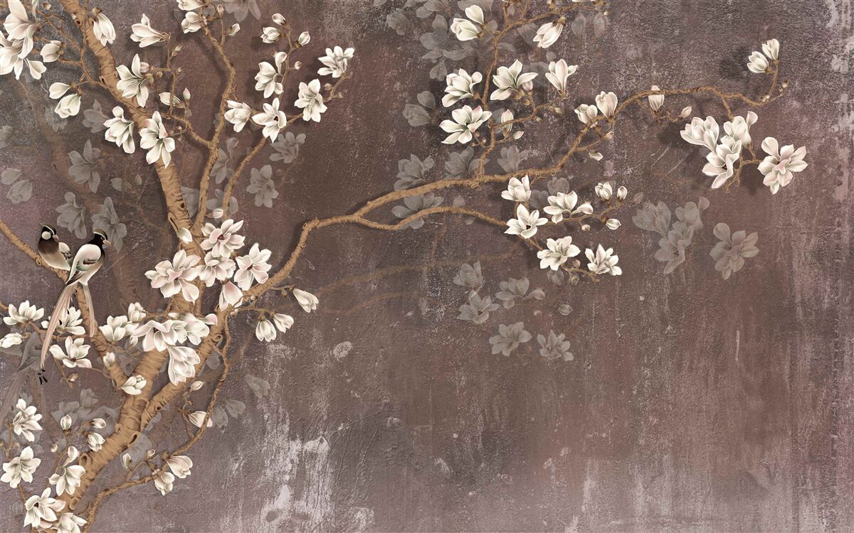 Fotobehang twee vogelwezens op een boom met bloemen