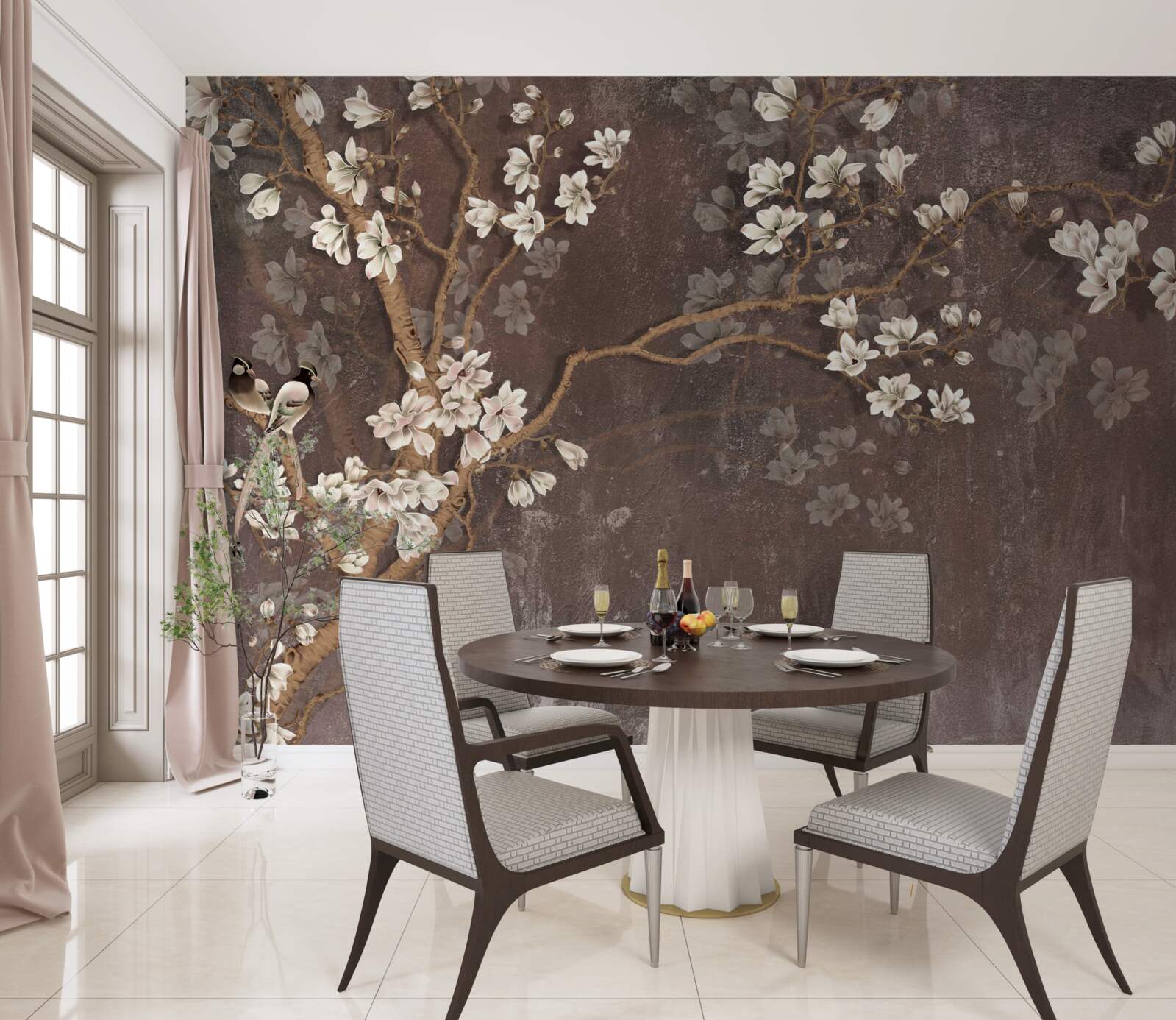 Fotobehang twee vogelwezens op een boom met bloemen