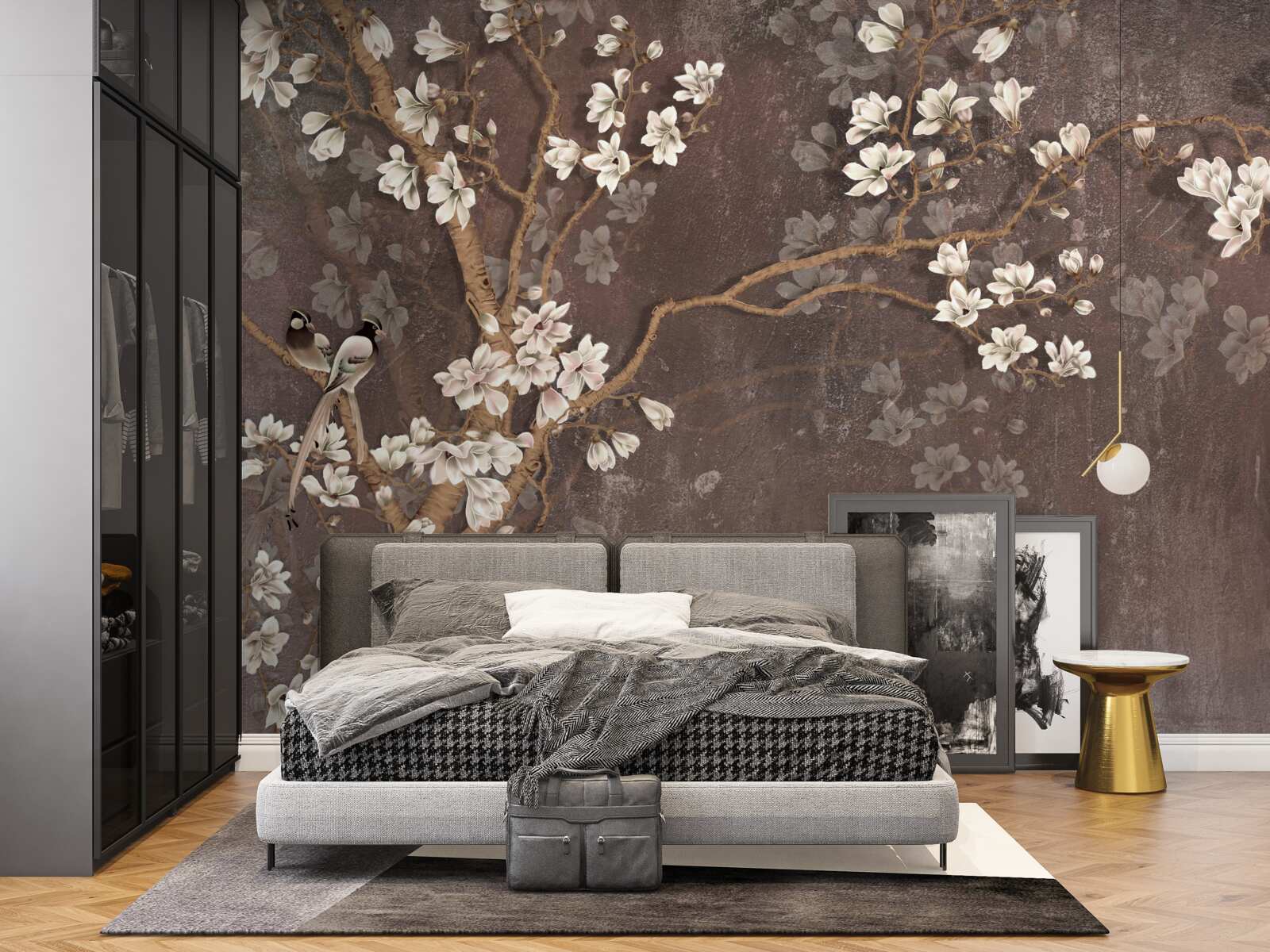 Fotobehang twee vogelwezens op een boom met bloemen