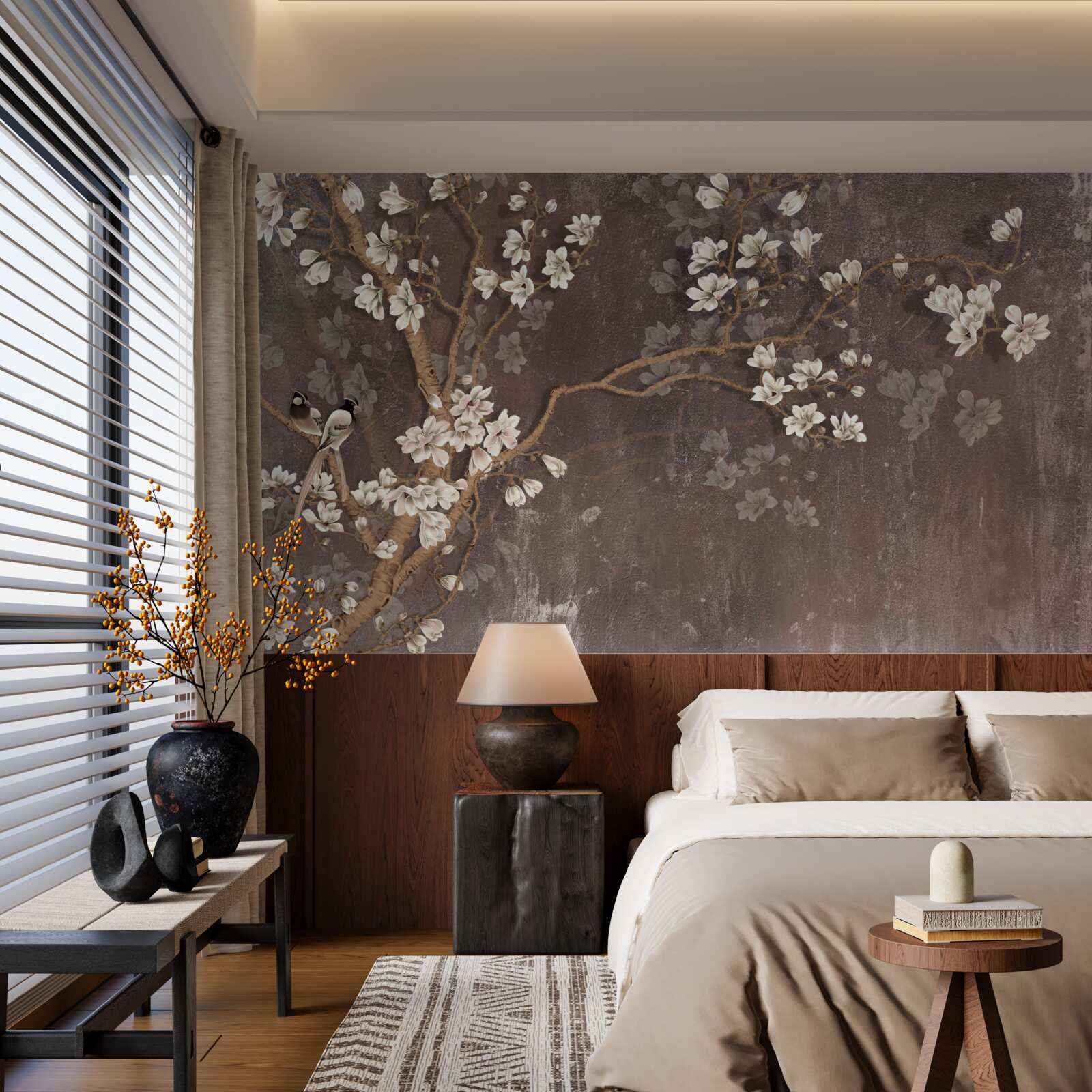 Fotobehang twee vogelwezens op een boom met bloemen