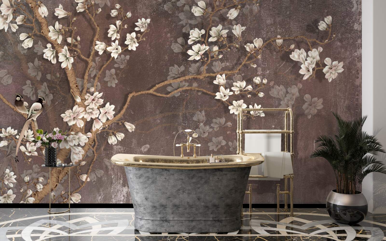 Fotobehang twee vogelwezens op een boom met bloemen