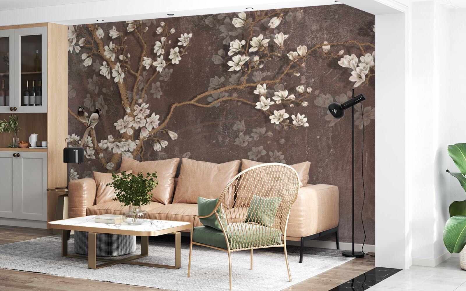 Fotobehang twee vogelwezens op een boom met bloemen