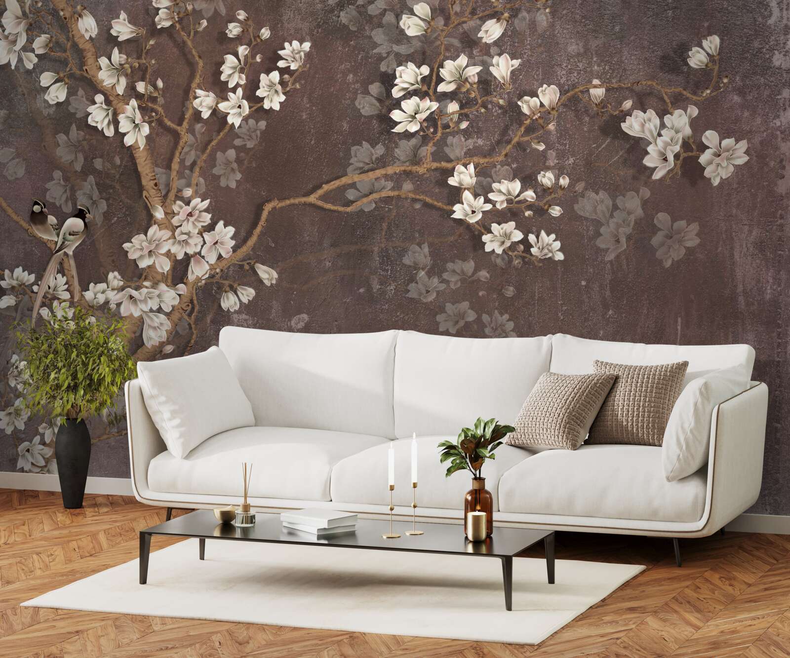 Fotobehang twee vogelwezens op een boom met bloemen