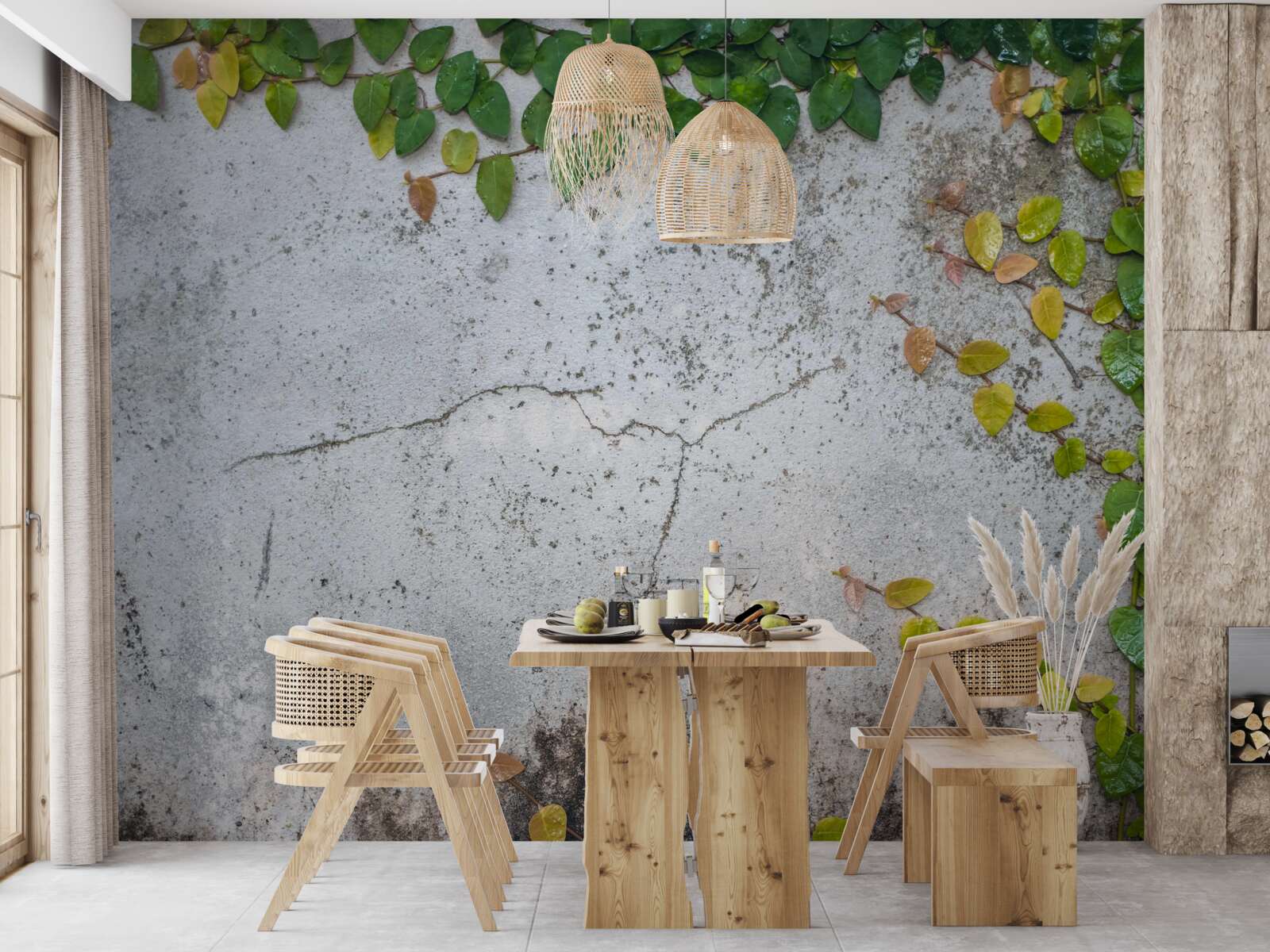 Fotobehang de bladeren zijn groengeel op een grijze achtergrond