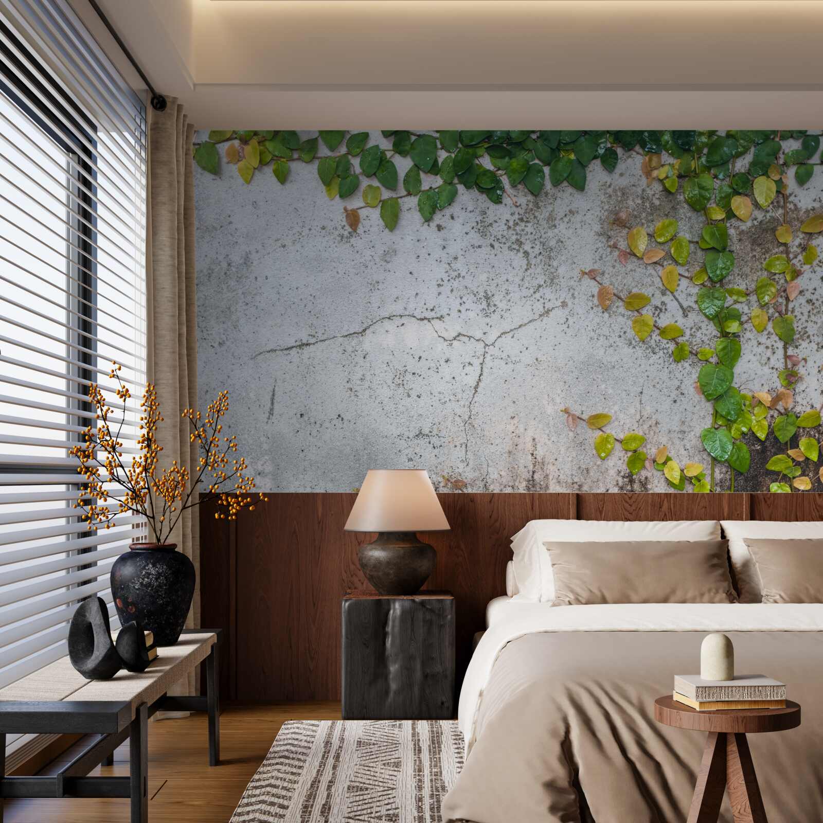 Fotobehang de bladeren zijn groengeel op een grijze achtergrond