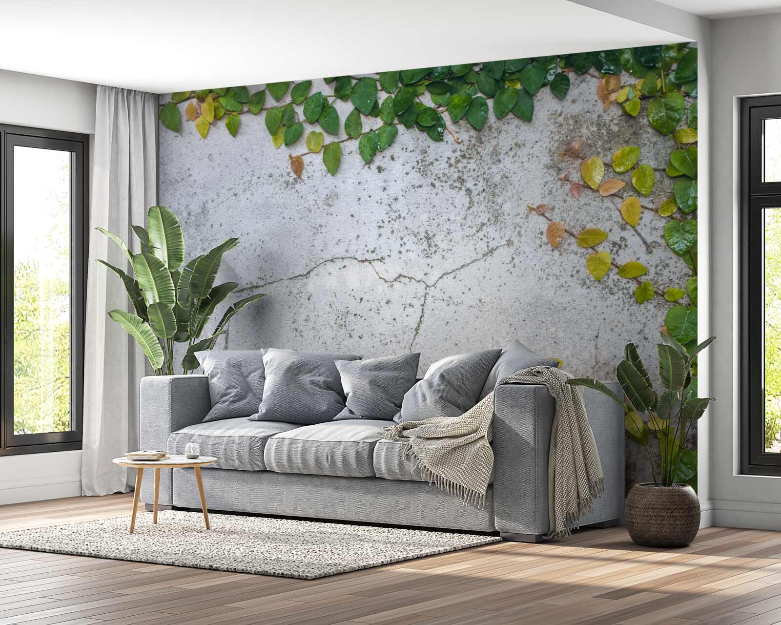 Fotobehang de bladeren zijn groengeel op een grijze achtergrond