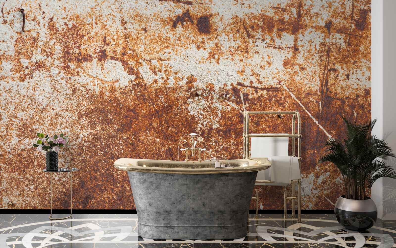 Fotobehang bekraste muur geschilderd in donkere roesttinten