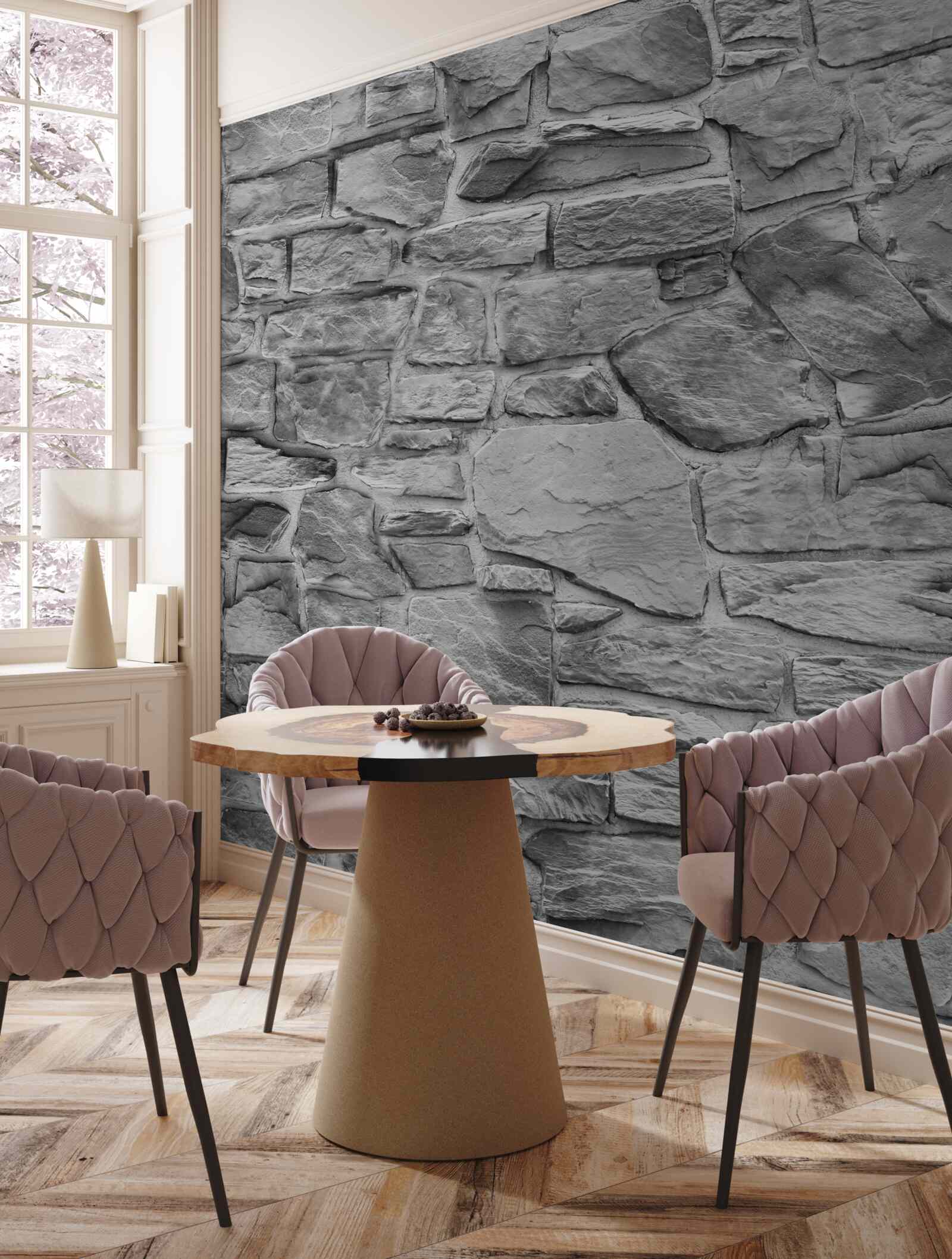 Fotobehang platte grijze steen vormt een muur