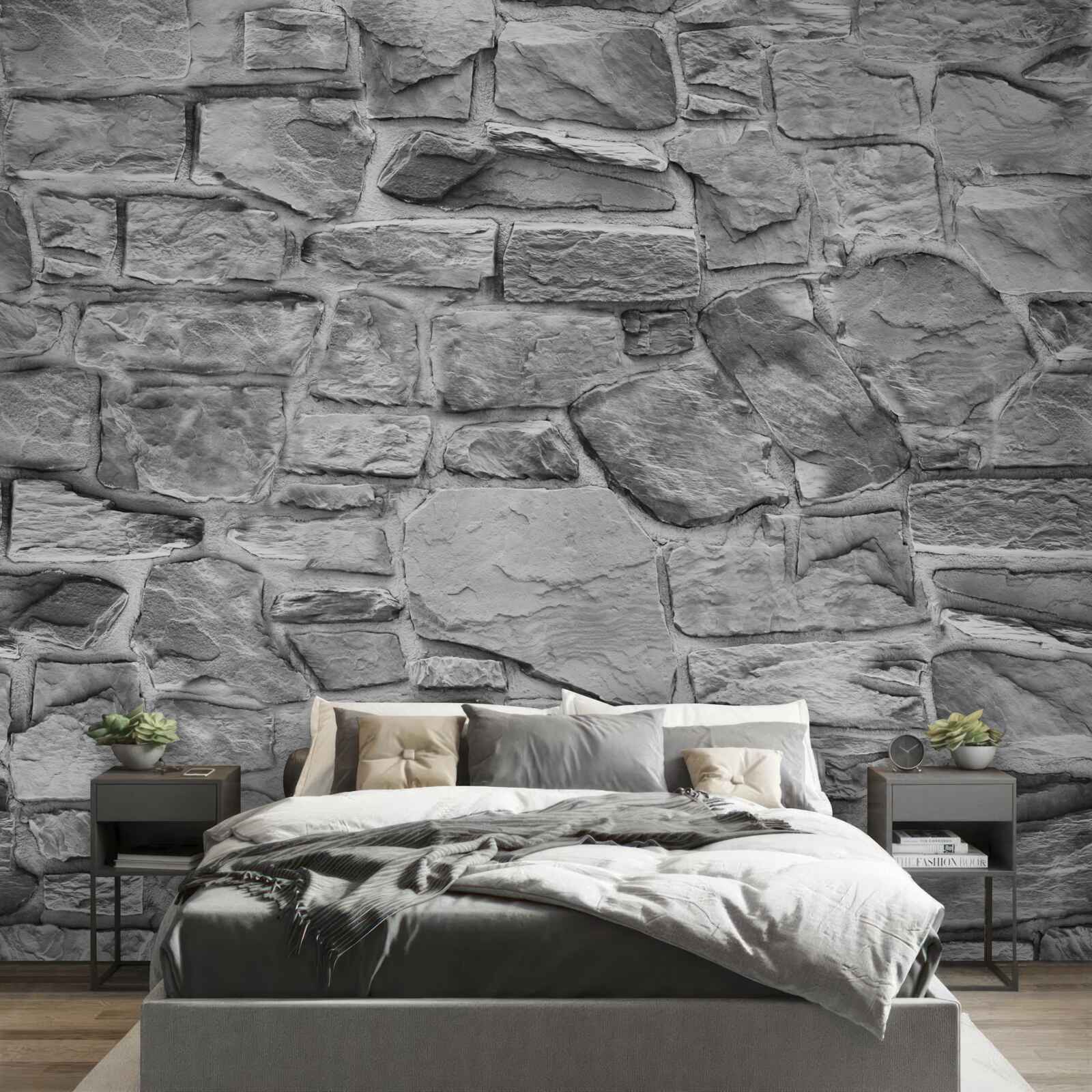 Fotobehang platte grijze steen vormt een muur