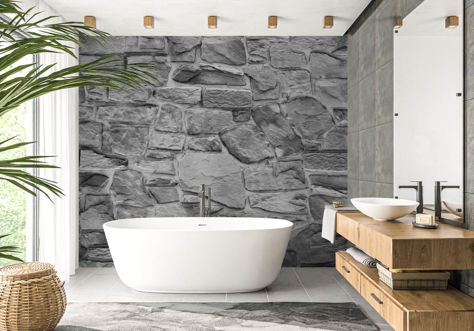 Fotobehang platte grijze steen vormt een muur