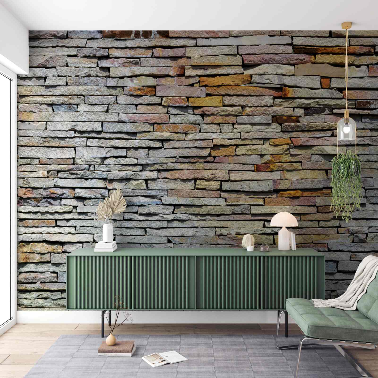 Fotobehang Muur bedekt met steenstrips