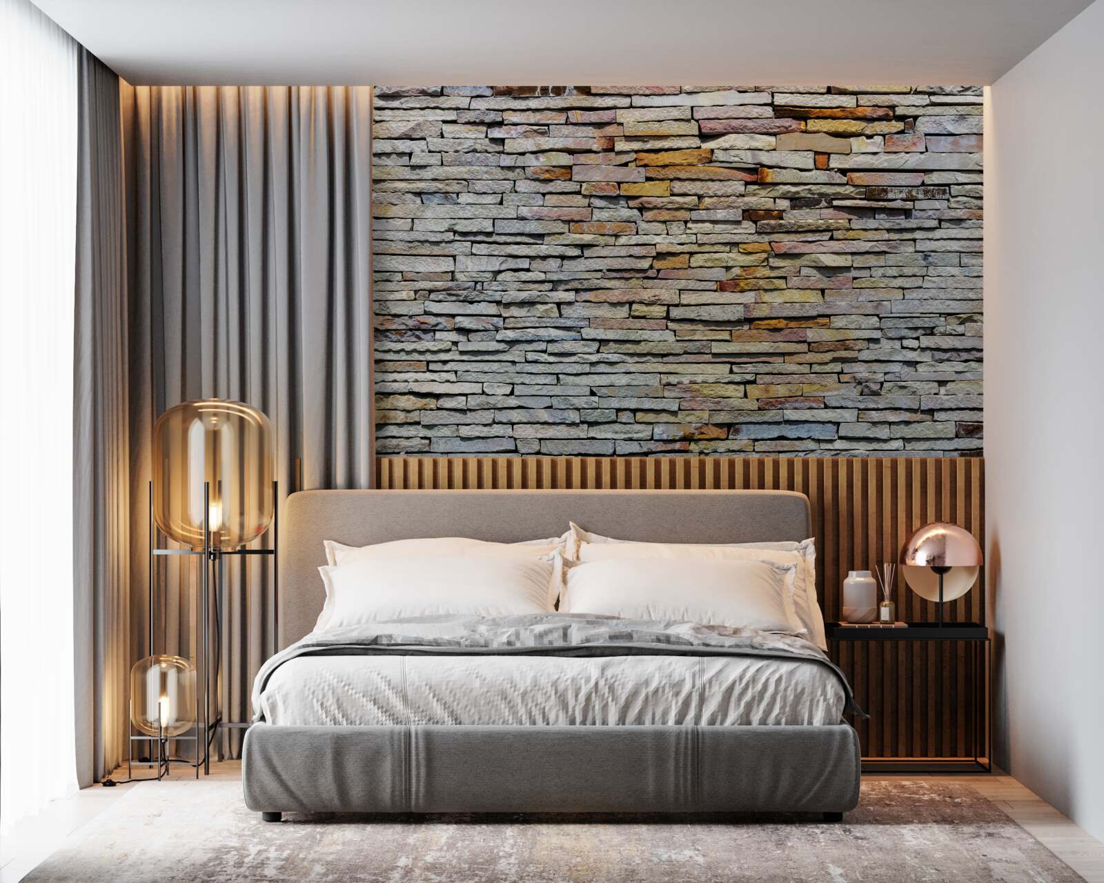 Fotobehang Muur bedekt met steenstrips