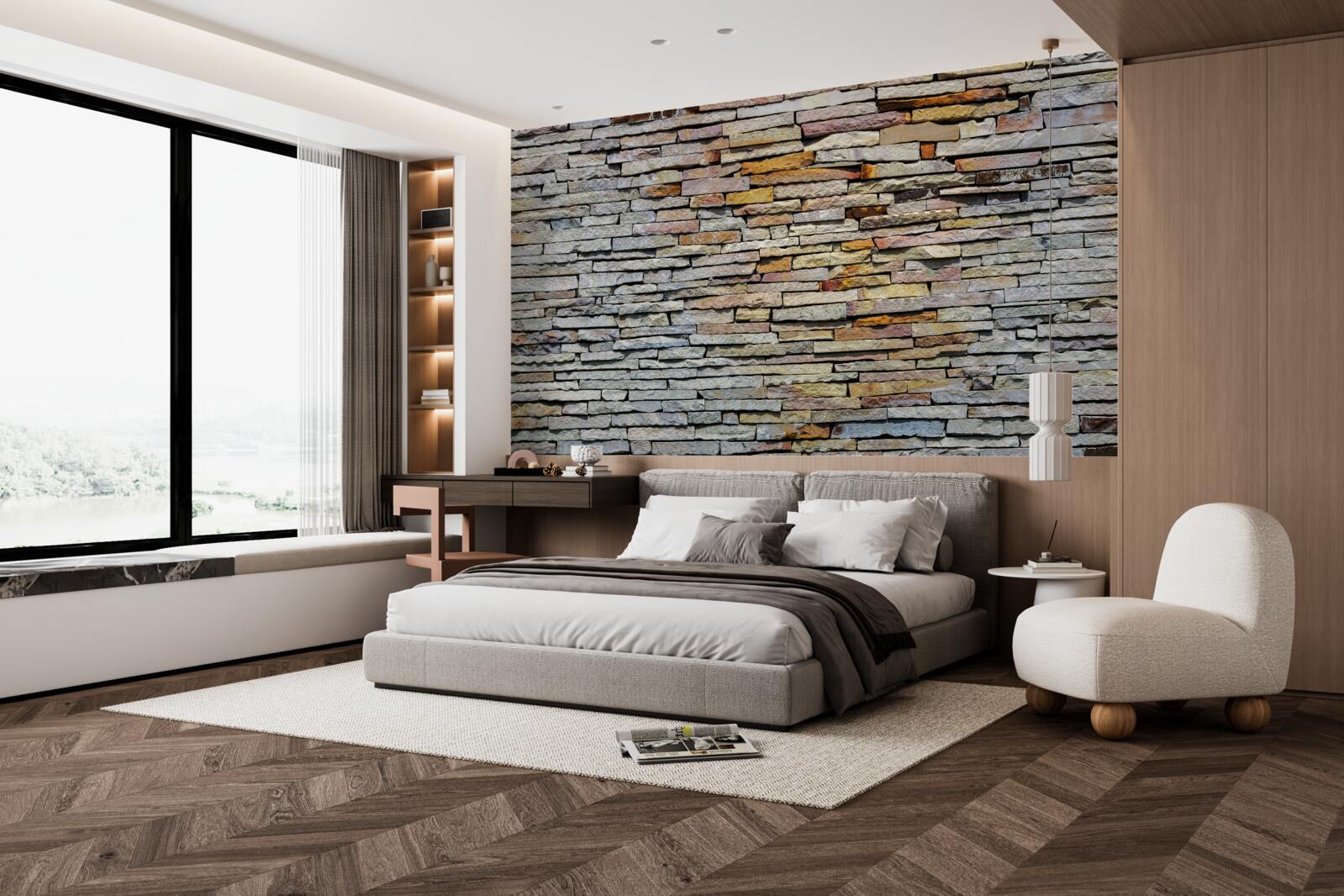 Fotobehang Muur bedekt met steenstrips