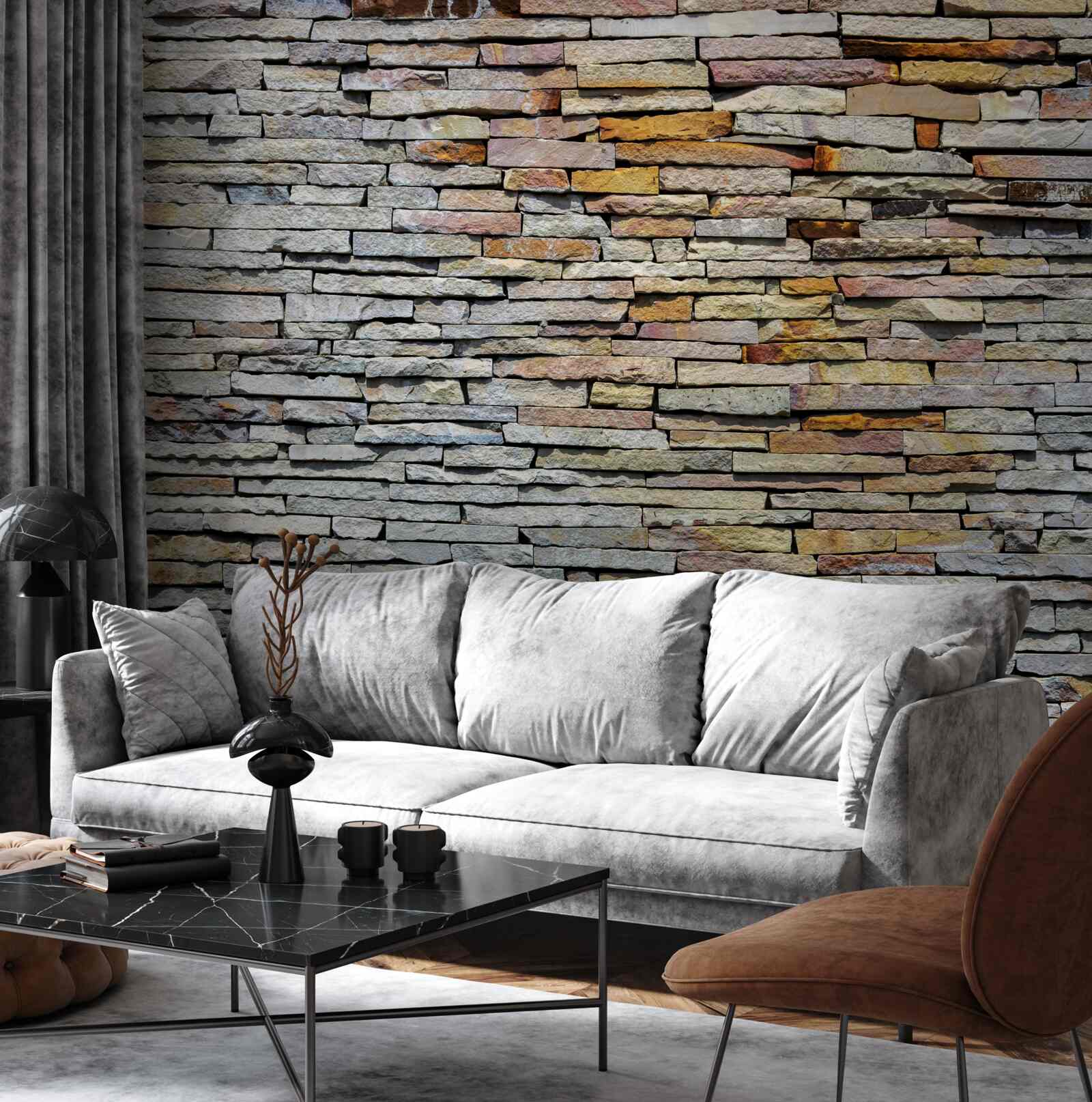 Fotobehang Muur bedekt met steenstrips