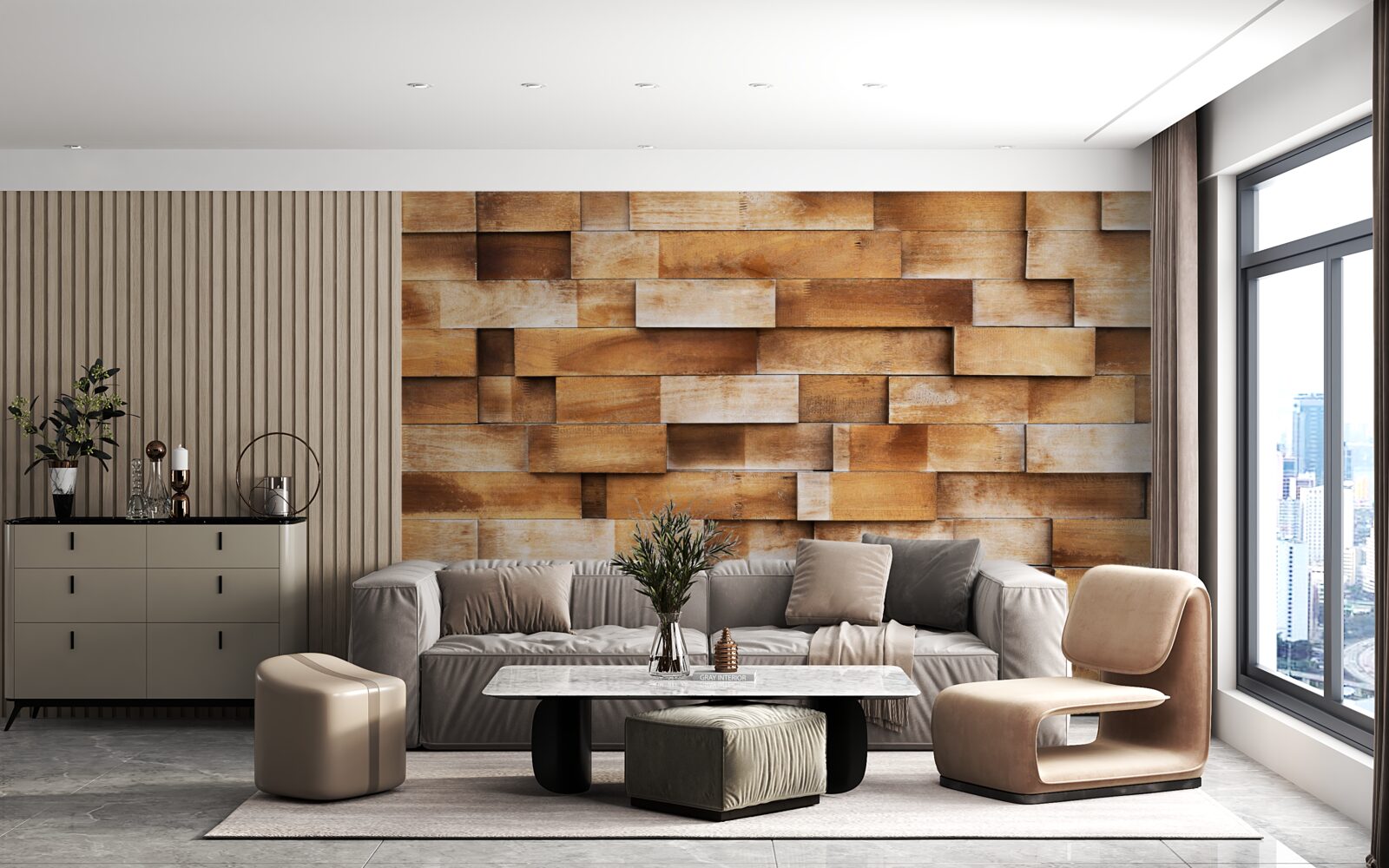 Fotobehang barrière van houten balken