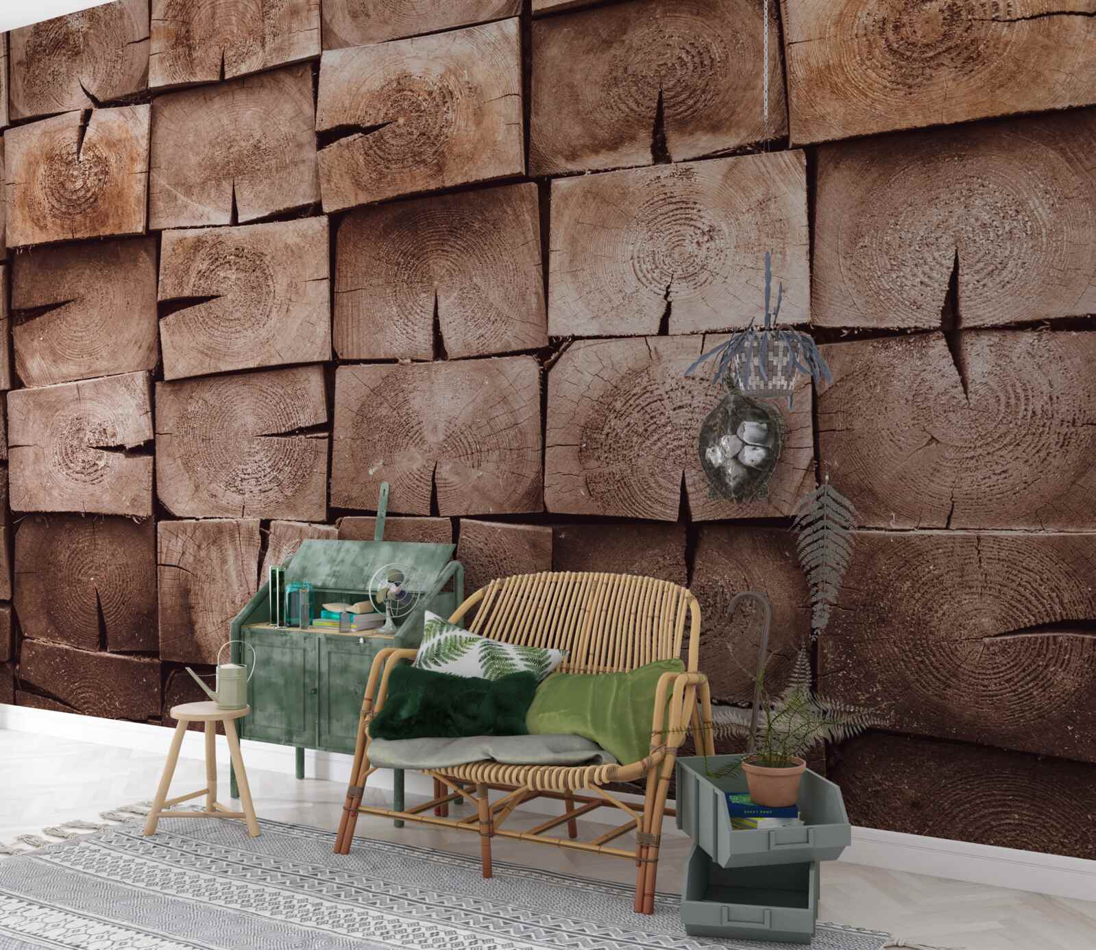 Fotobehang stapel boomstammen