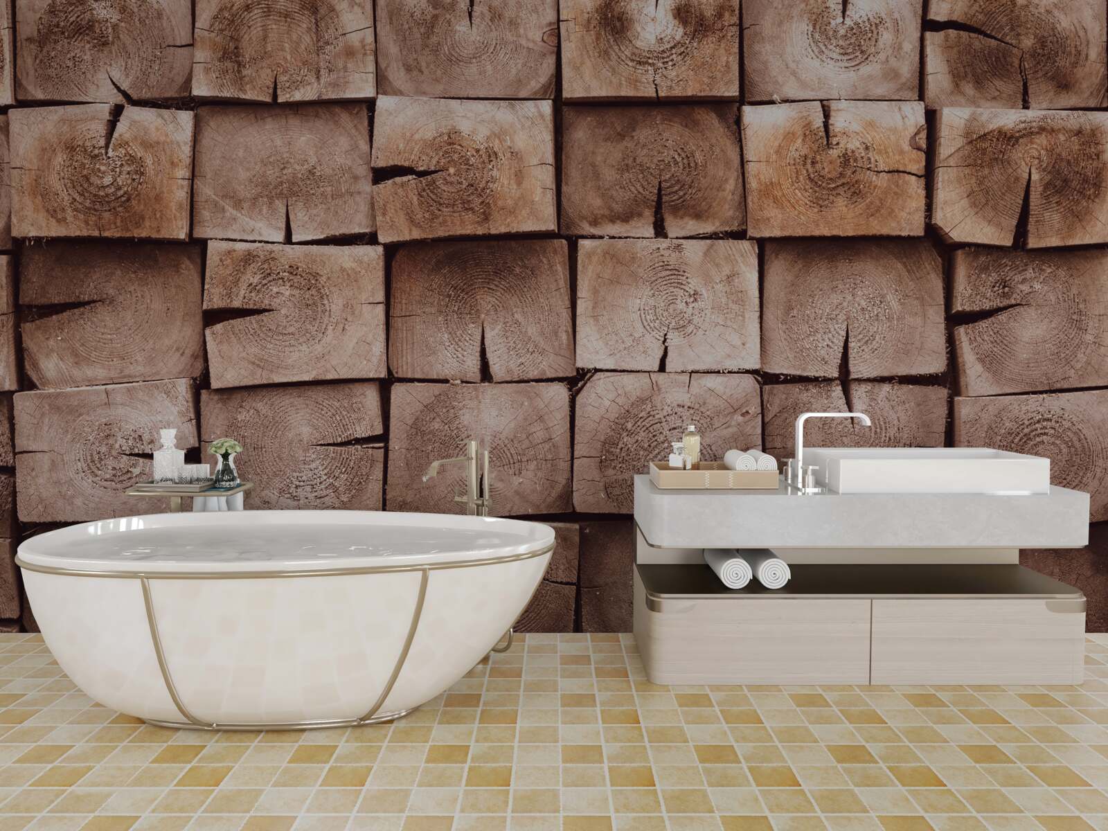 Fotobehang stapel boomstammen