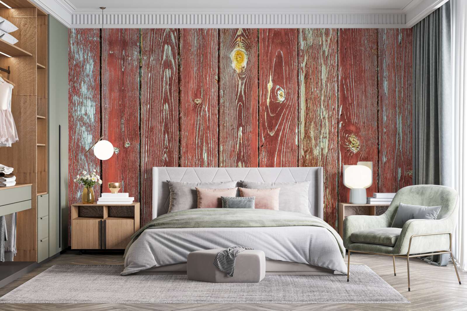 Fotobehang de houten achtergrond is rood en heeft een antieke uitstraling