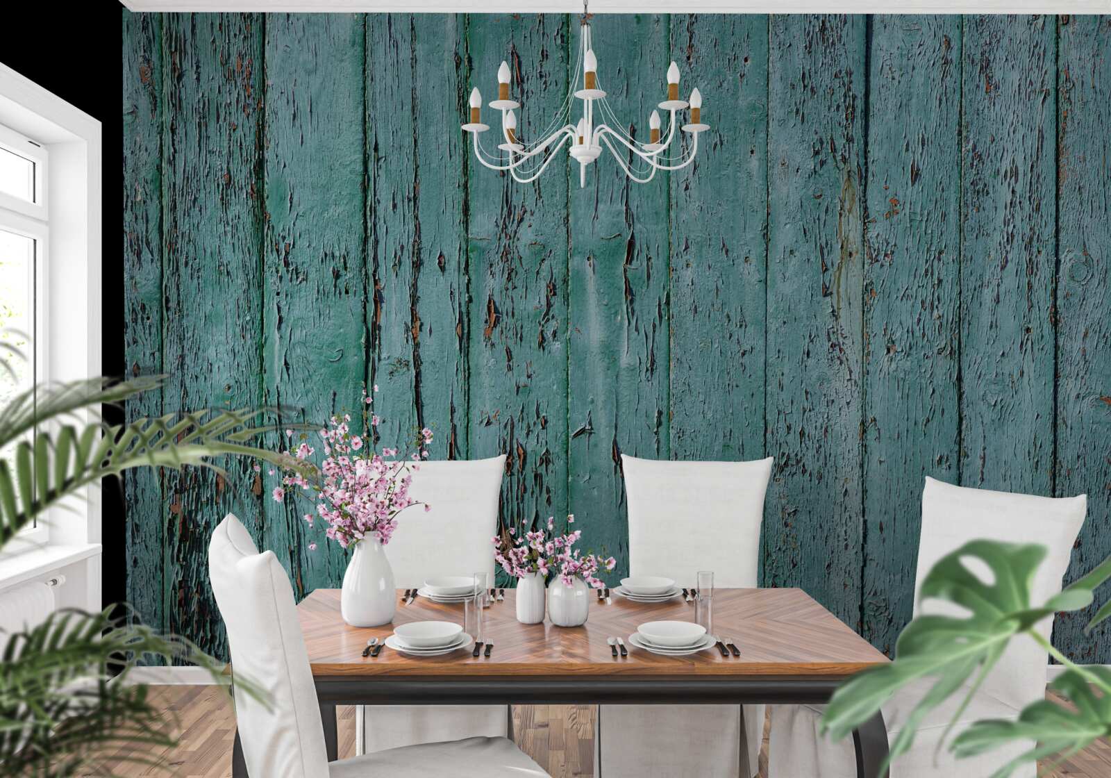 Fotobehang houten planken, geschilderd in mintgroen, oud