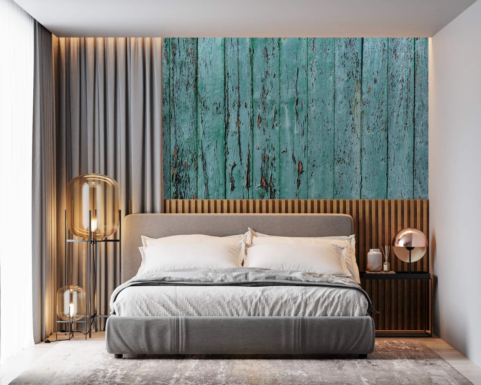 Fotobehang houten planken, geschilderd in mintgroen, oud