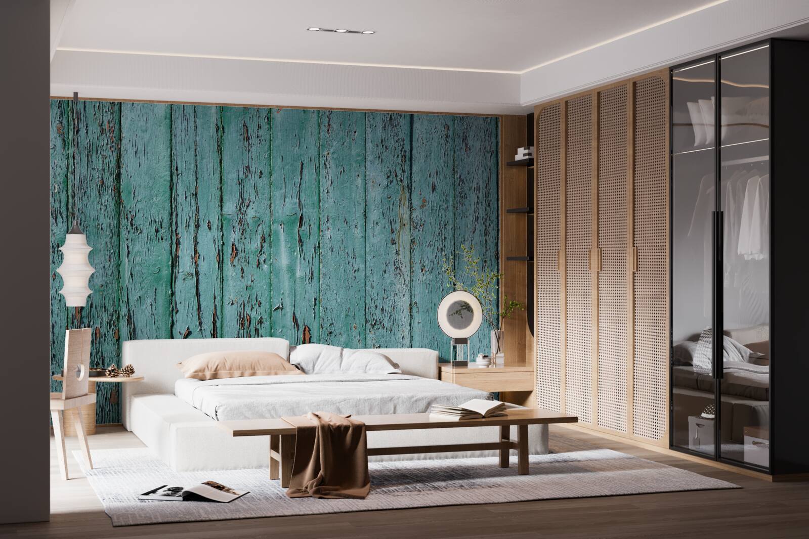 Fotobehang houten planken, geschilderd in mintgroen, oud