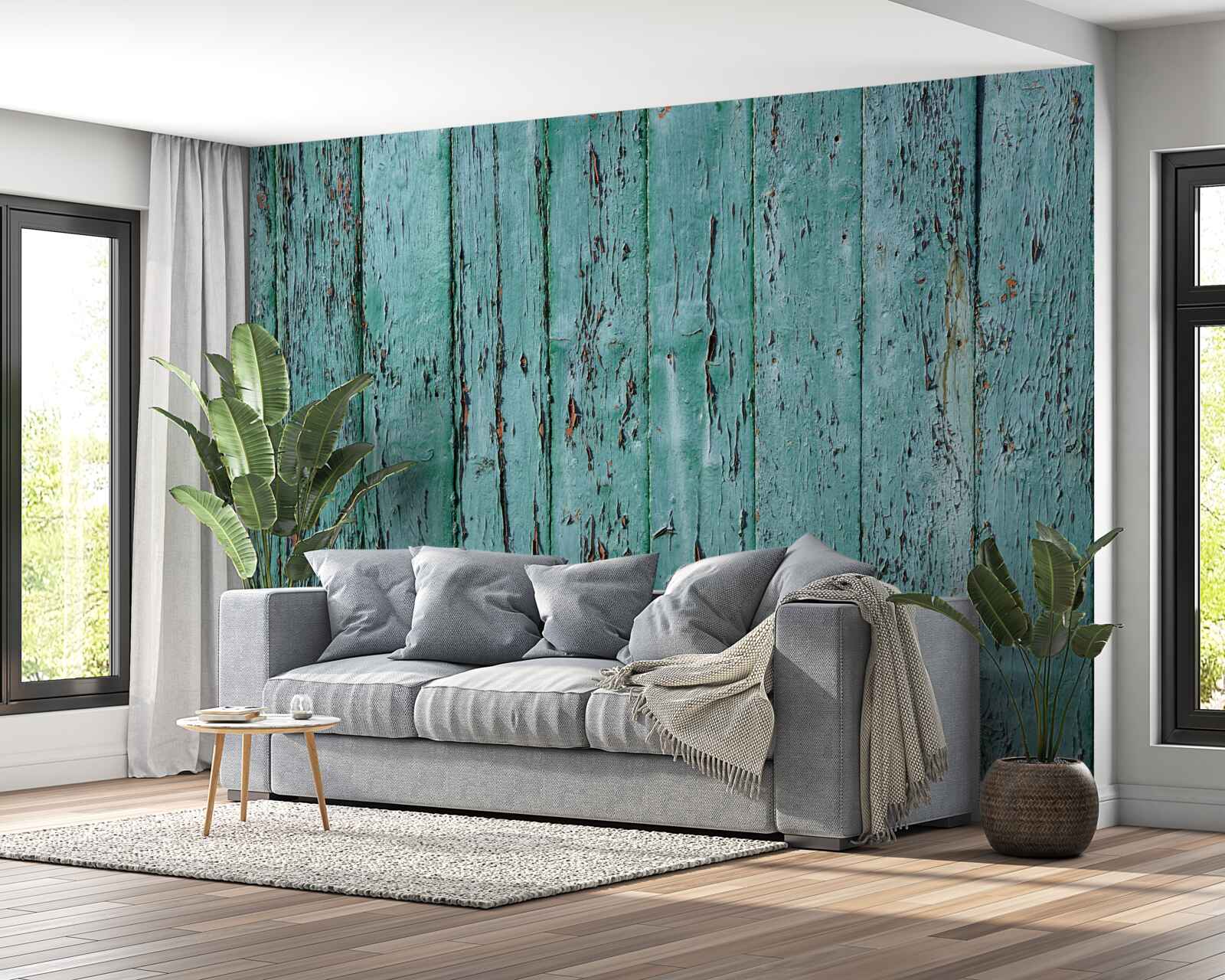 Fotobehang houten planken, geschilderd in mintgroen, oud