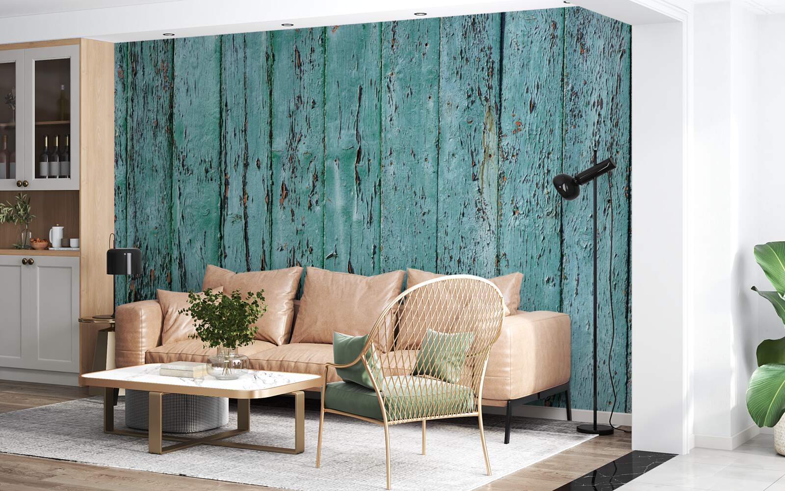 Fotobehang houten planken, geschilderd in mintgroen, oud