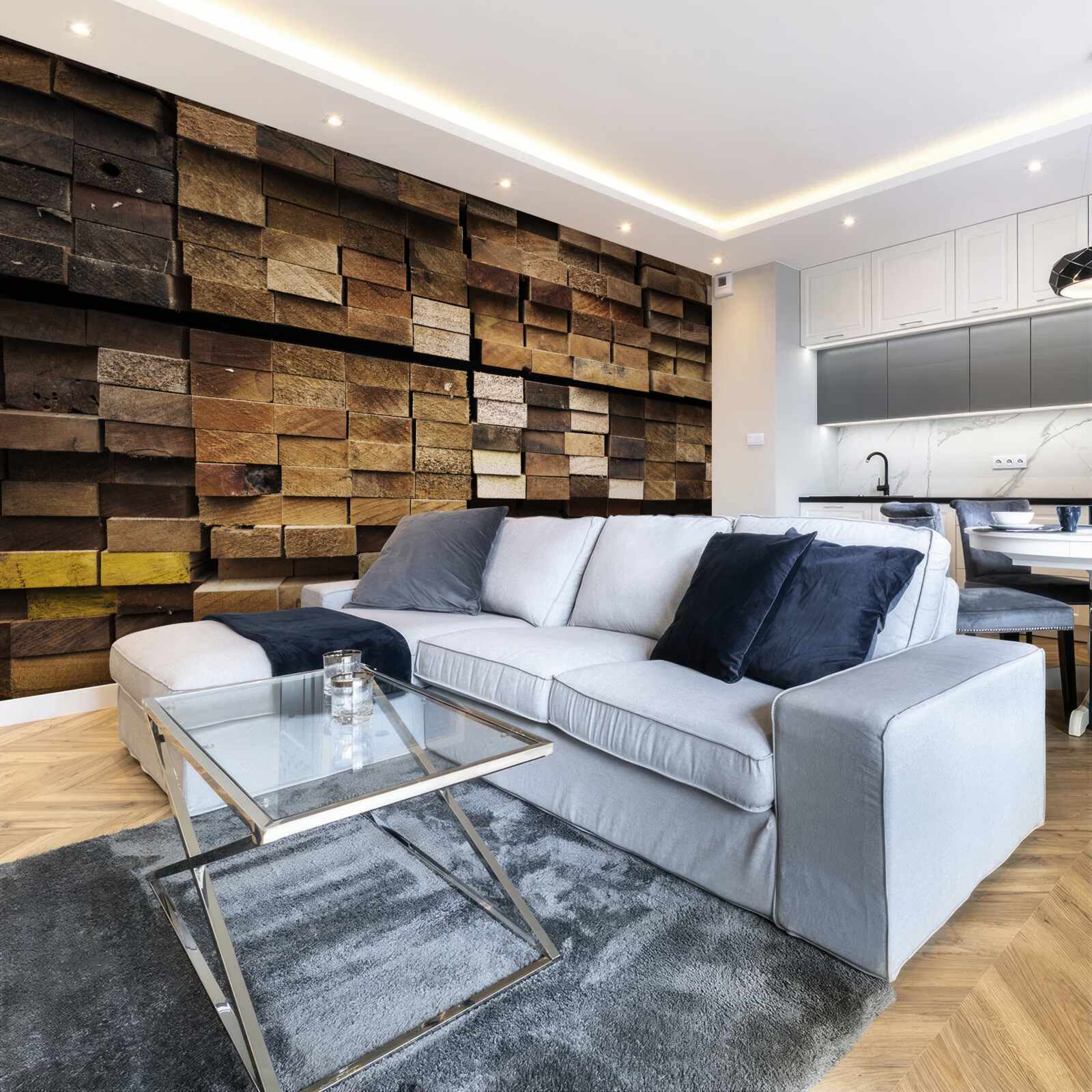 Fotobehang houten planken gerangschikt in volgorde