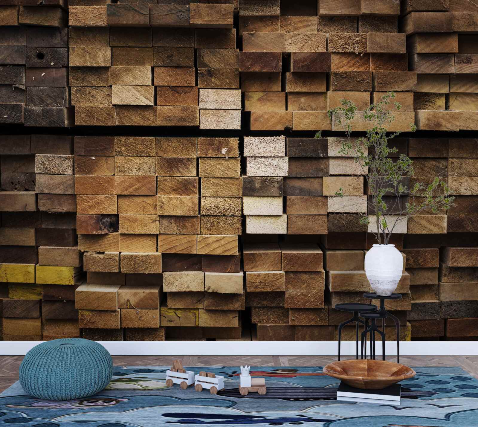 Fotobehang houten planken gerangschikt in volgorde