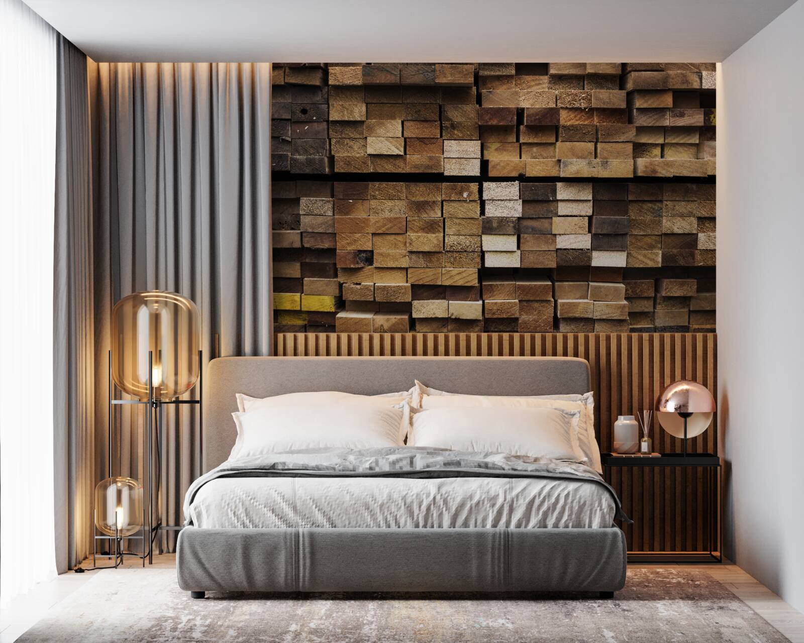 Fotobehang houten planken gerangschikt in volgorde