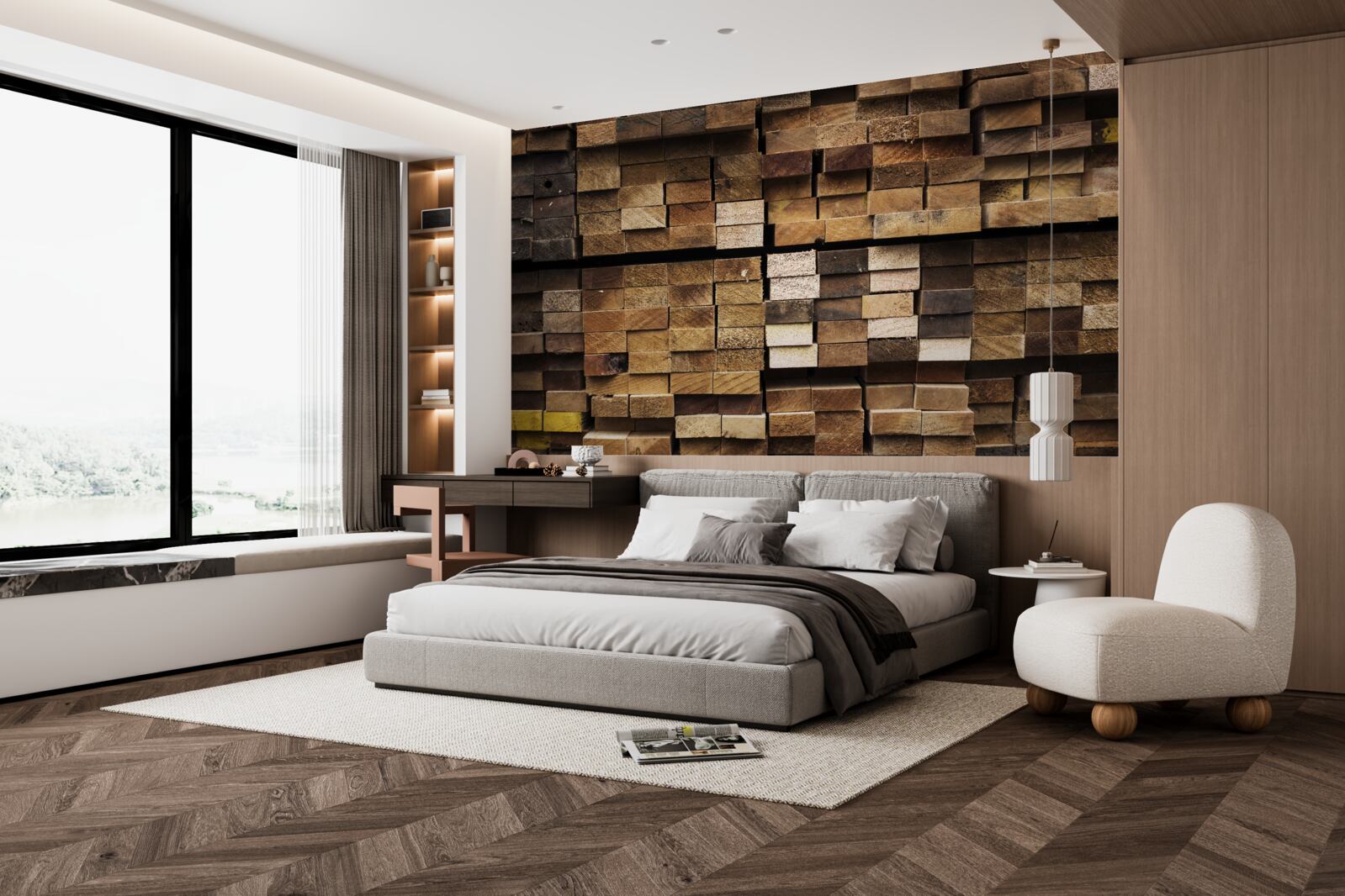 Fotobehang houten planken gerangschikt in volgorde