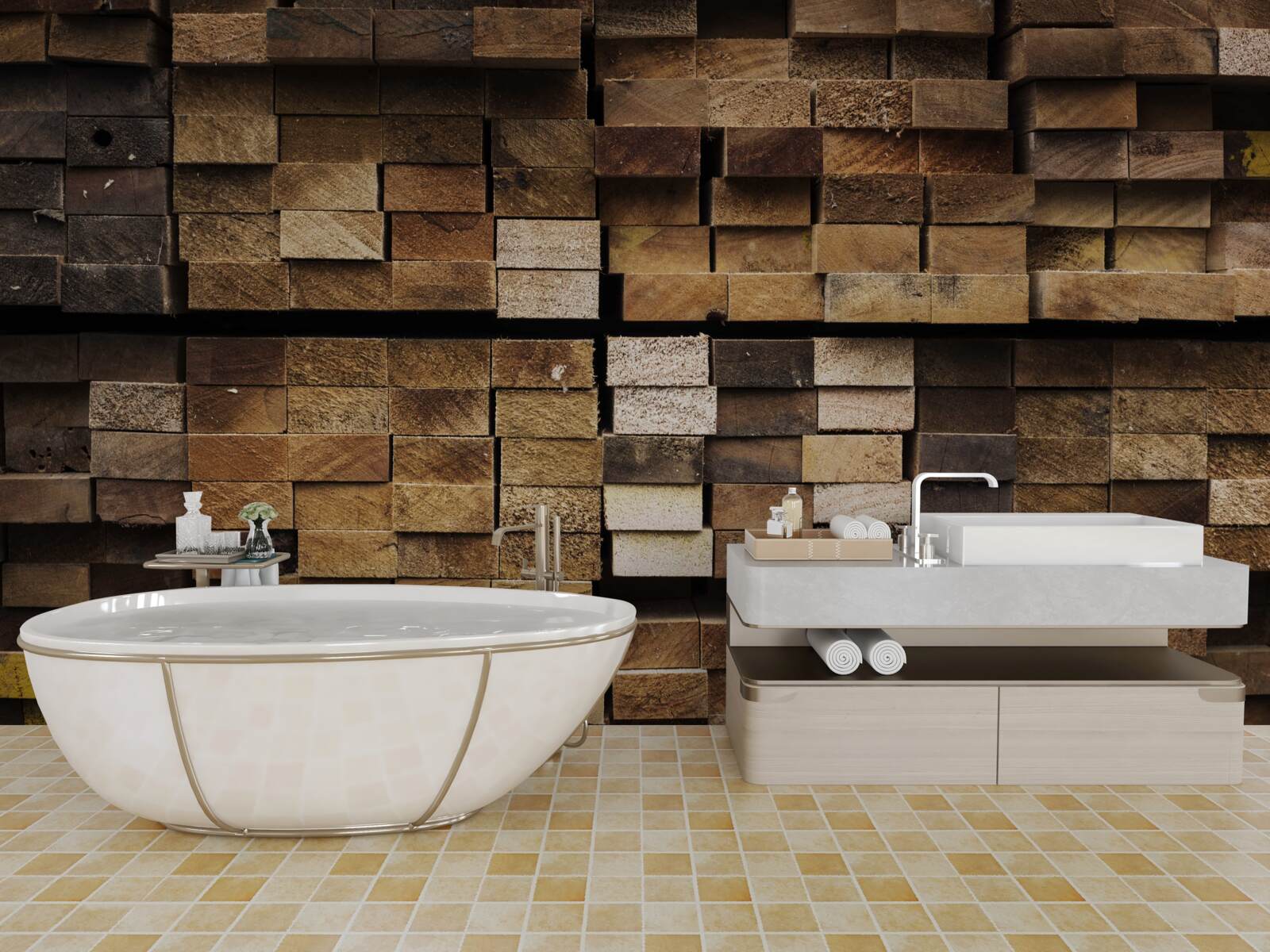 Fotobehang houten planken gerangschikt in volgorde