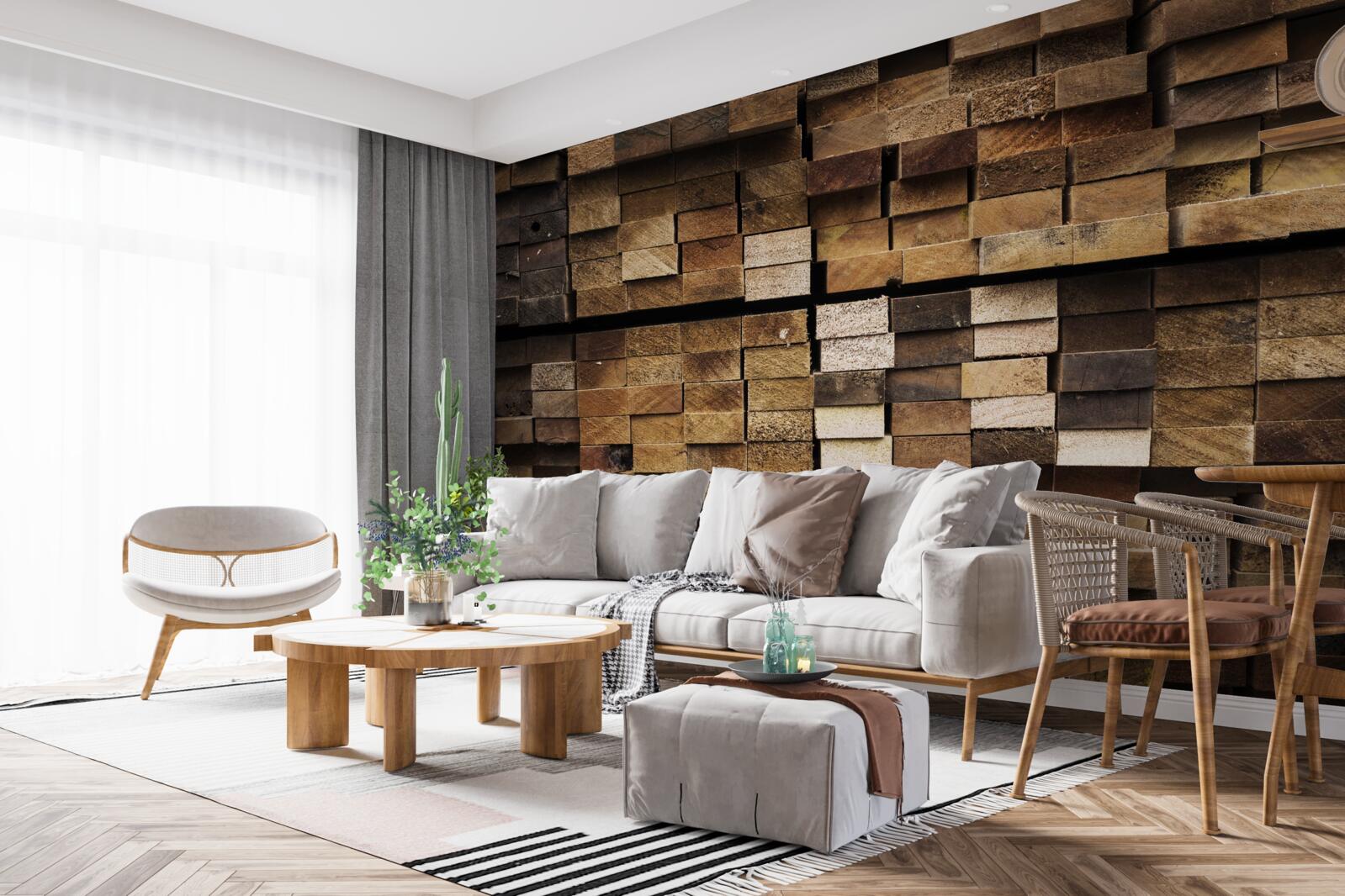 Fotobehang houten planken gerangschikt in volgorde