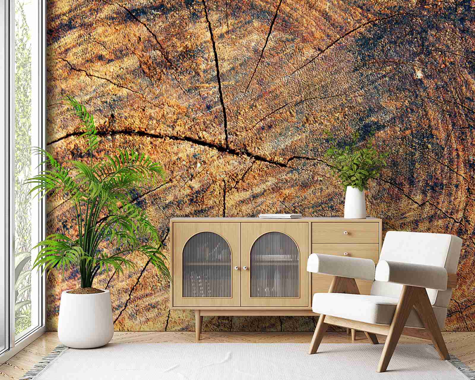 Fotobehang Kettingen van boomleven op een gevelde stam