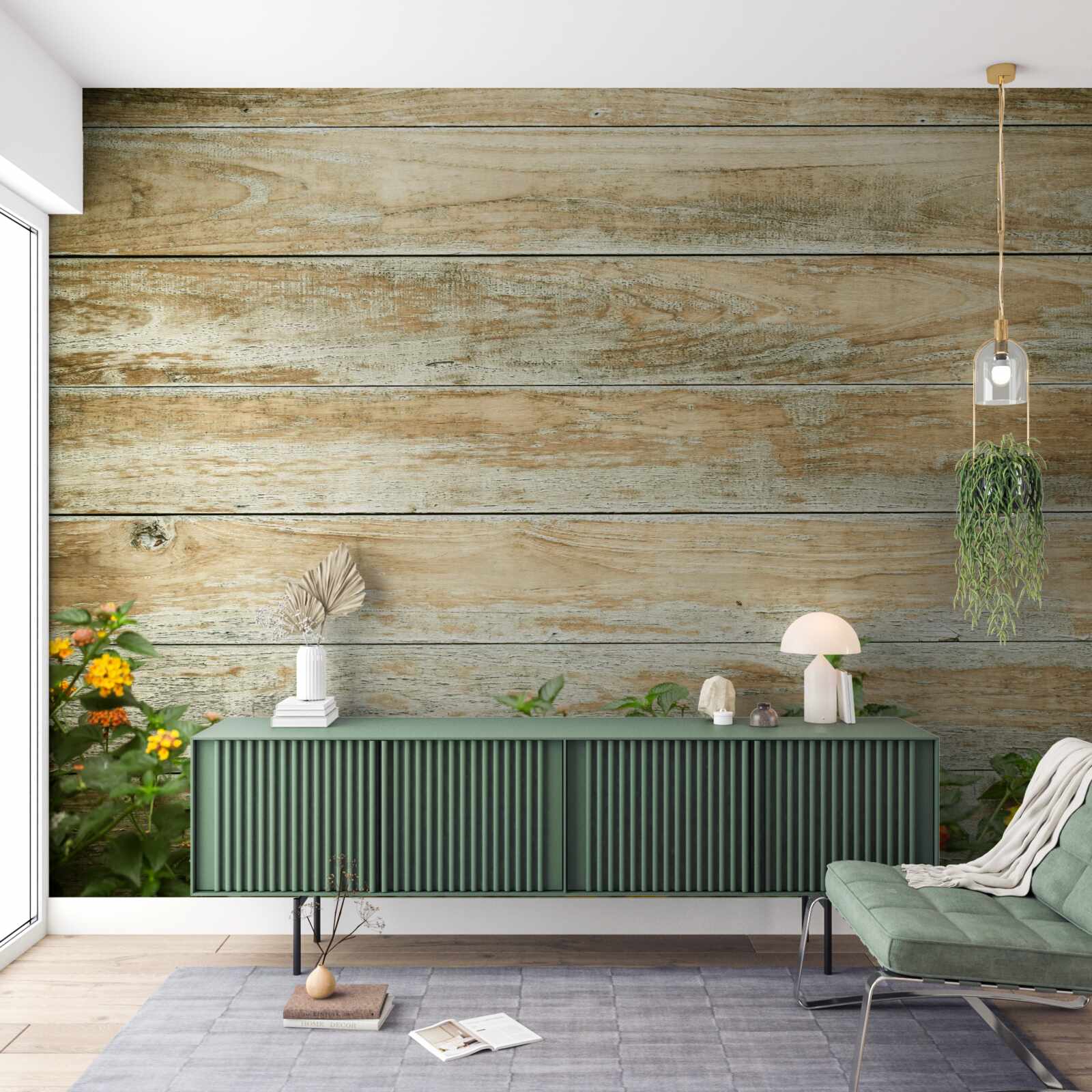 Fotobehang gele bloemen op de achtergrond van het parket omgeven door groen