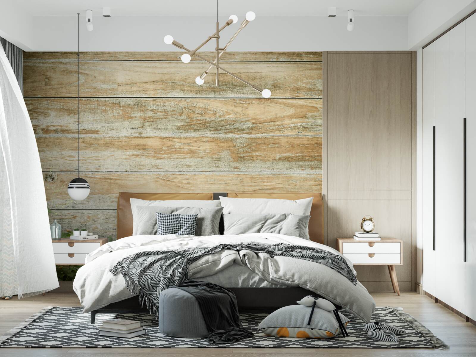 Fotobehang gele bloemen op de achtergrond van het parket omgeven door groen