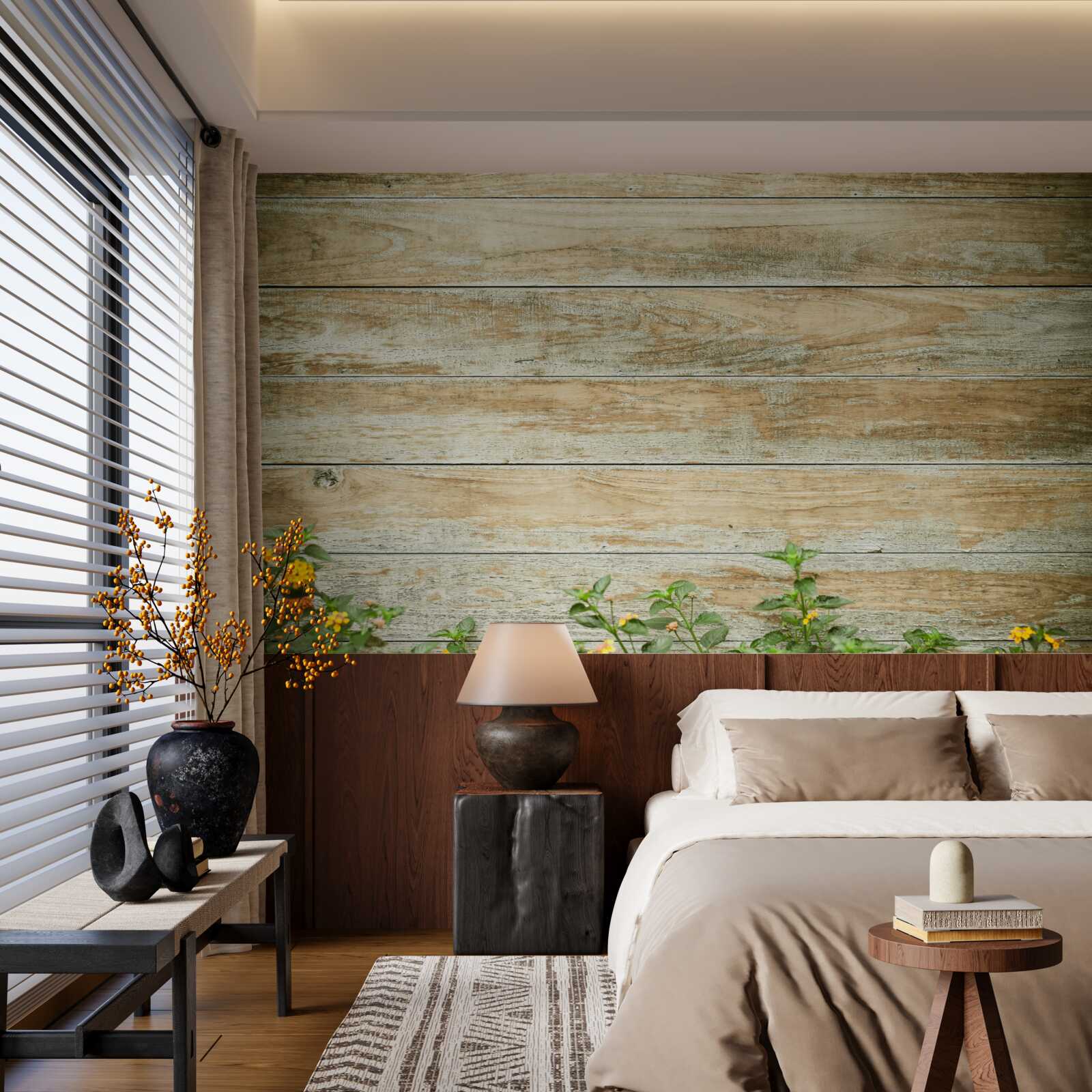 Fotobehang gele bloemen op de achtergrond van het parket omgeven door groen