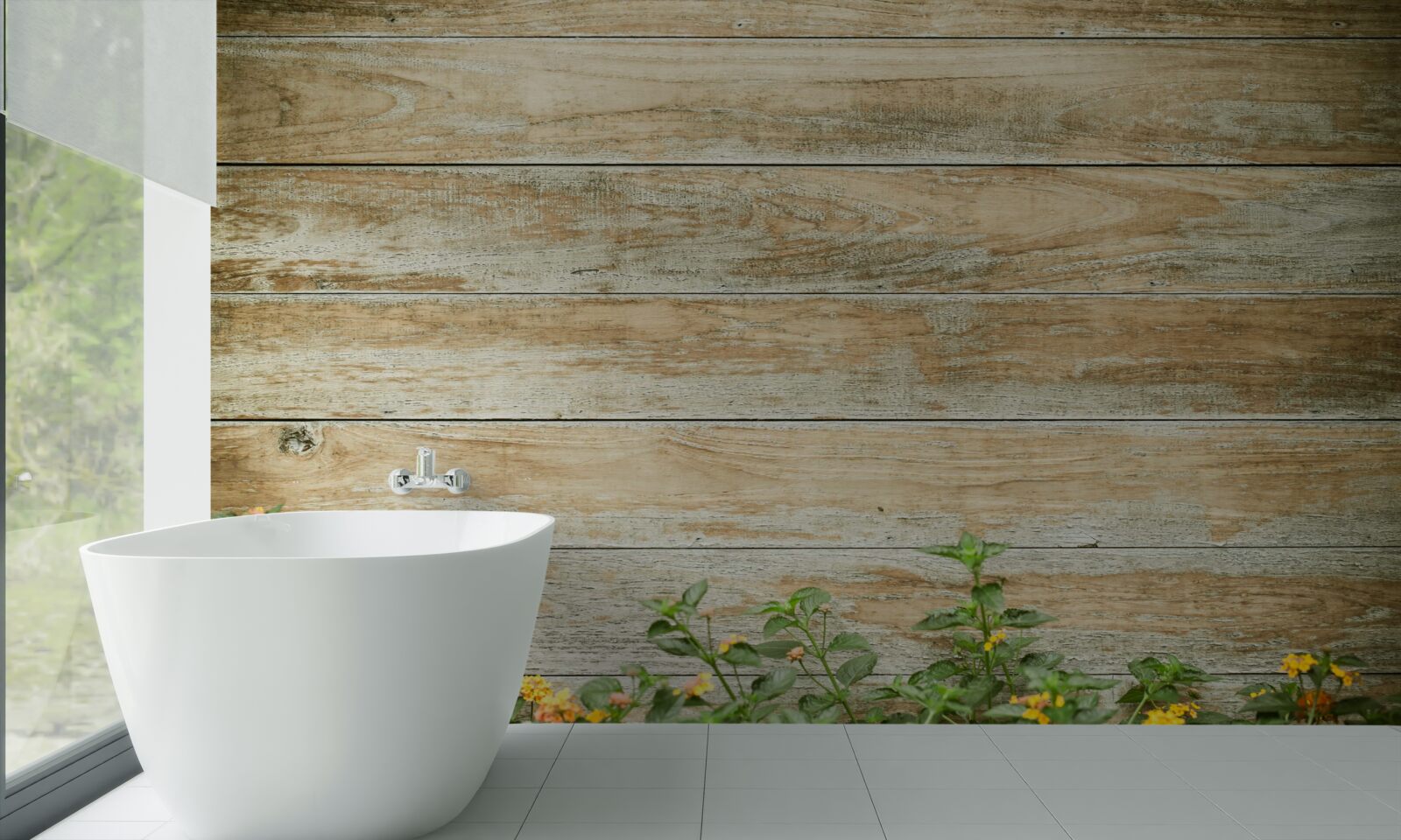 Fotobehang gele bloemen op de achtergrond van het parket omgeven door groen