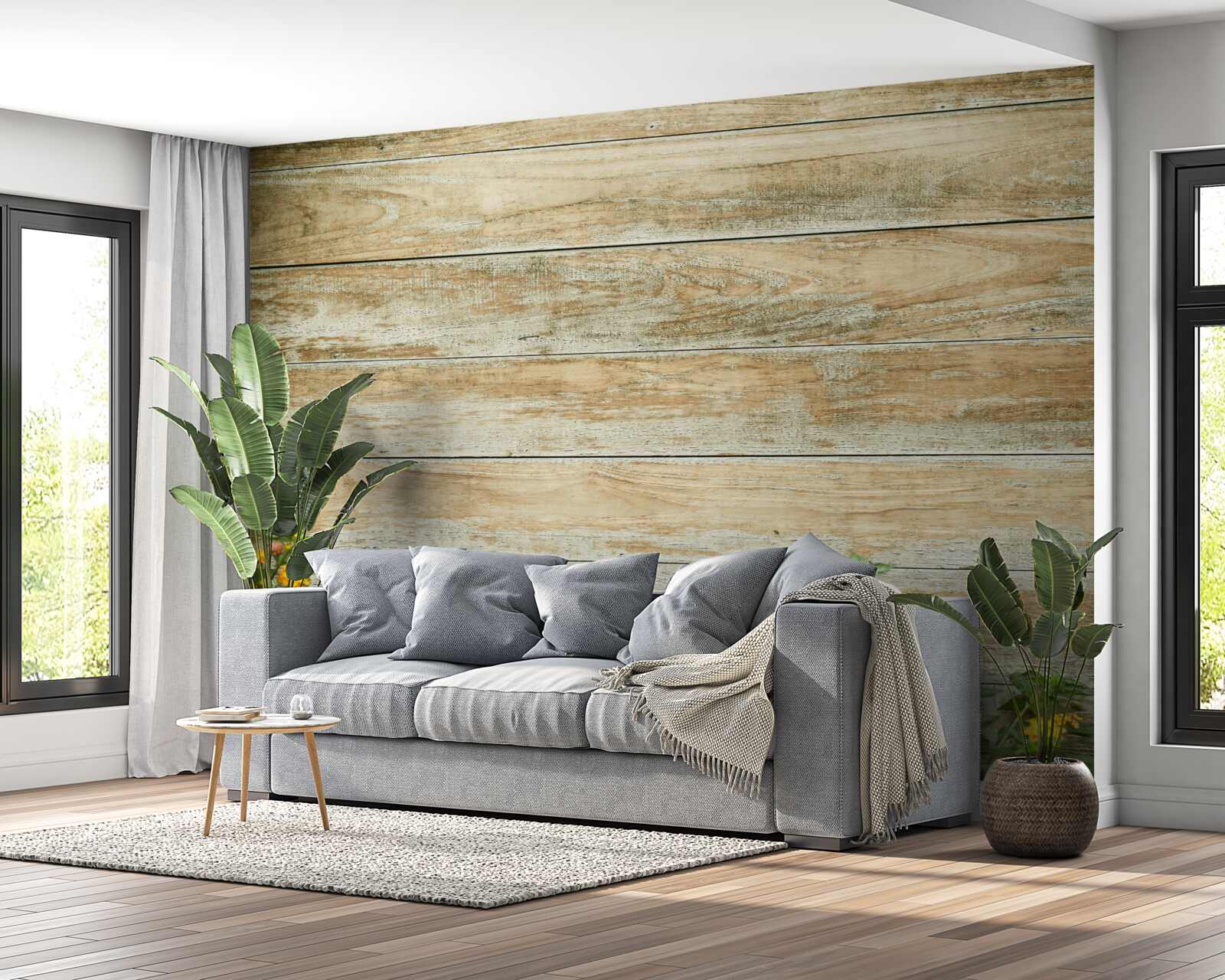 Fotobehang gele bloemen op de achtergrond van het parket omgeven door groen