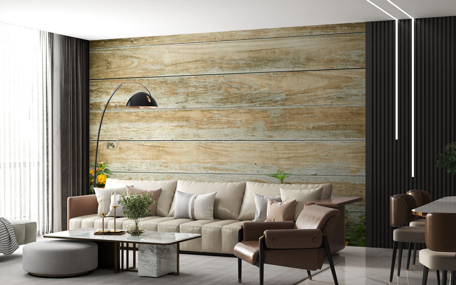 Fotobehang gele bloemen op de achtergrond van het parket omgeven door groen