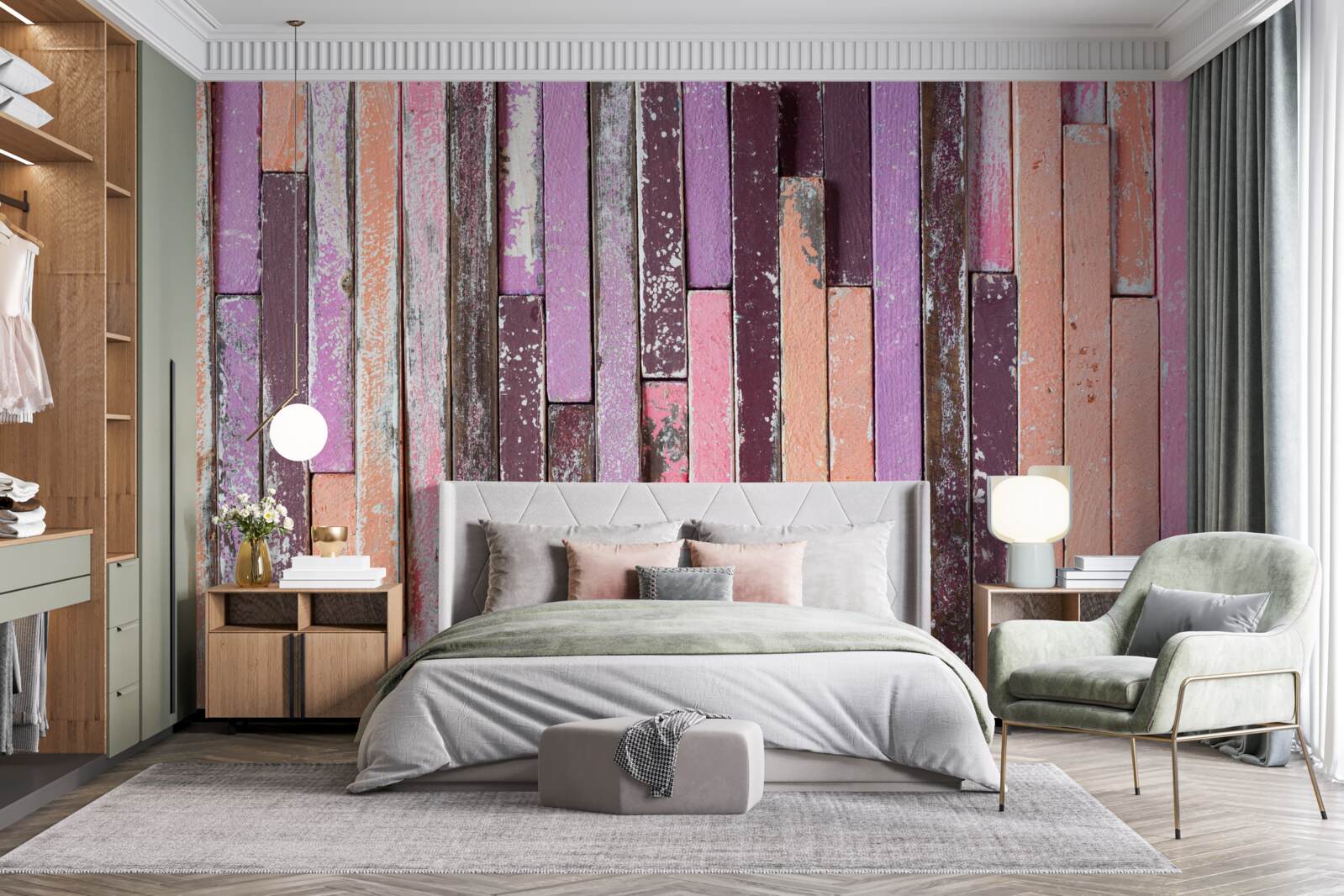 Fotobehang houten parketstroken in verschillende kleuren van vroeger