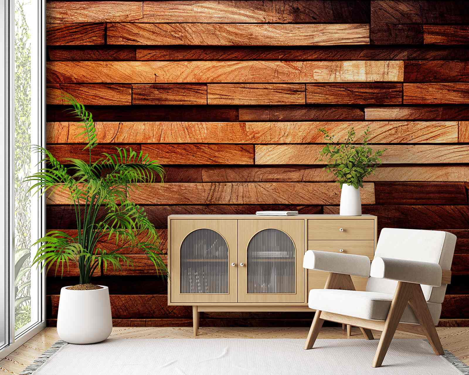 Fotobehang houten wand opgebouwd uit balken