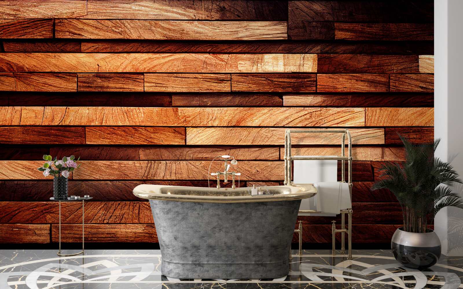 Fotobehang houten wand opgebouwd uit balken