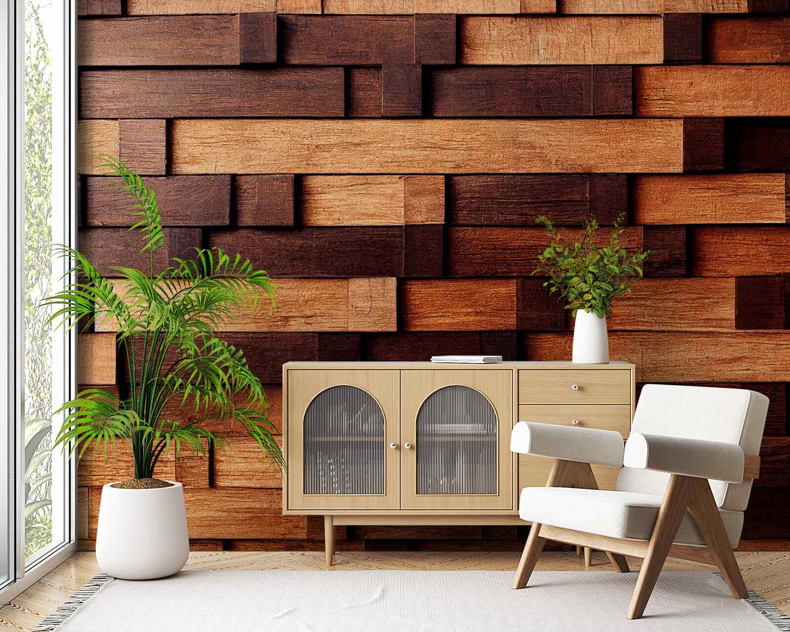 Fotobehang Wand opgebouwd uit houten balken in donkerbruine en lichtbruine tinten