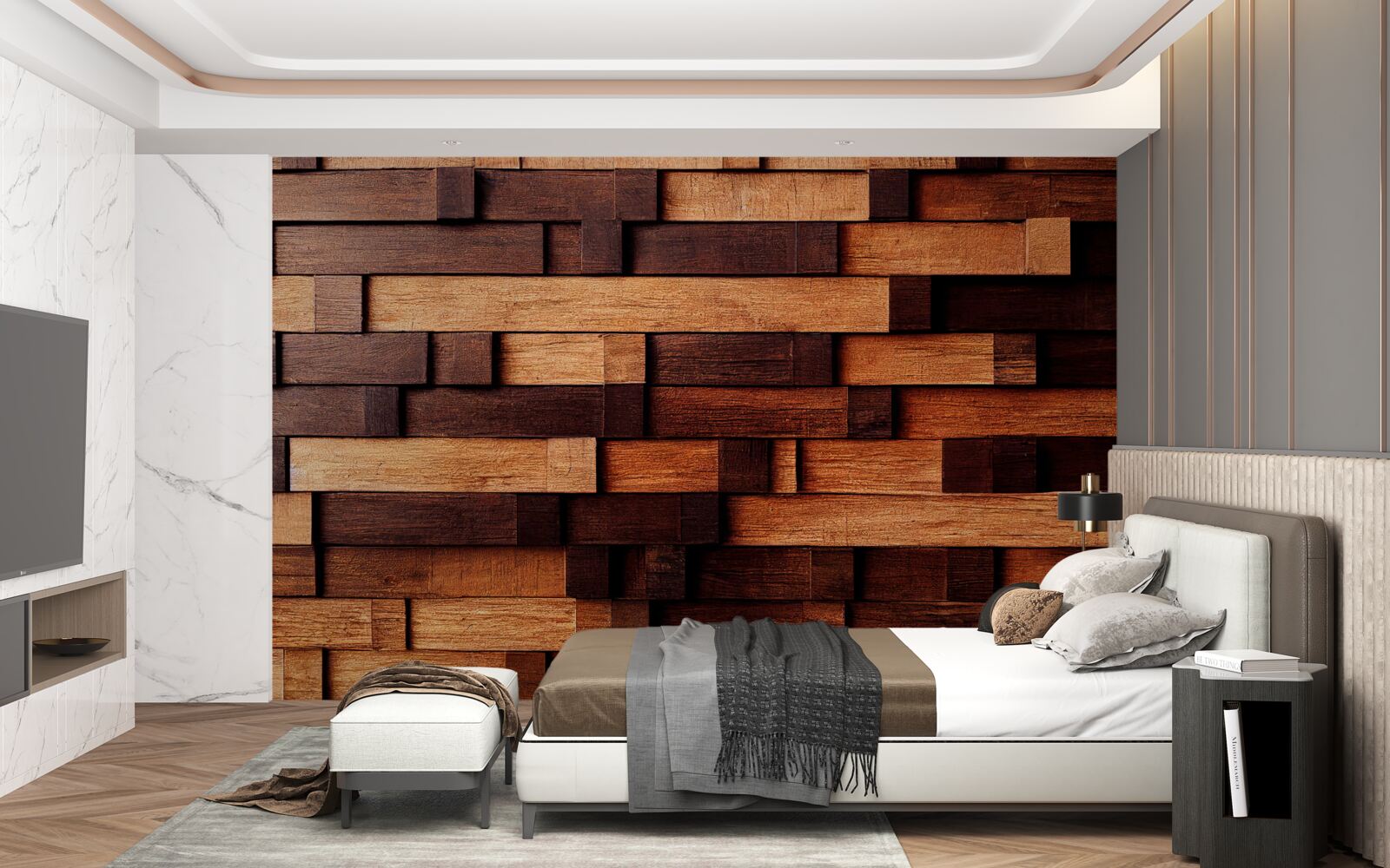 Fotobehang Wand opgebouwd uit houten balken in donkerbruine en lichtbruine tinten