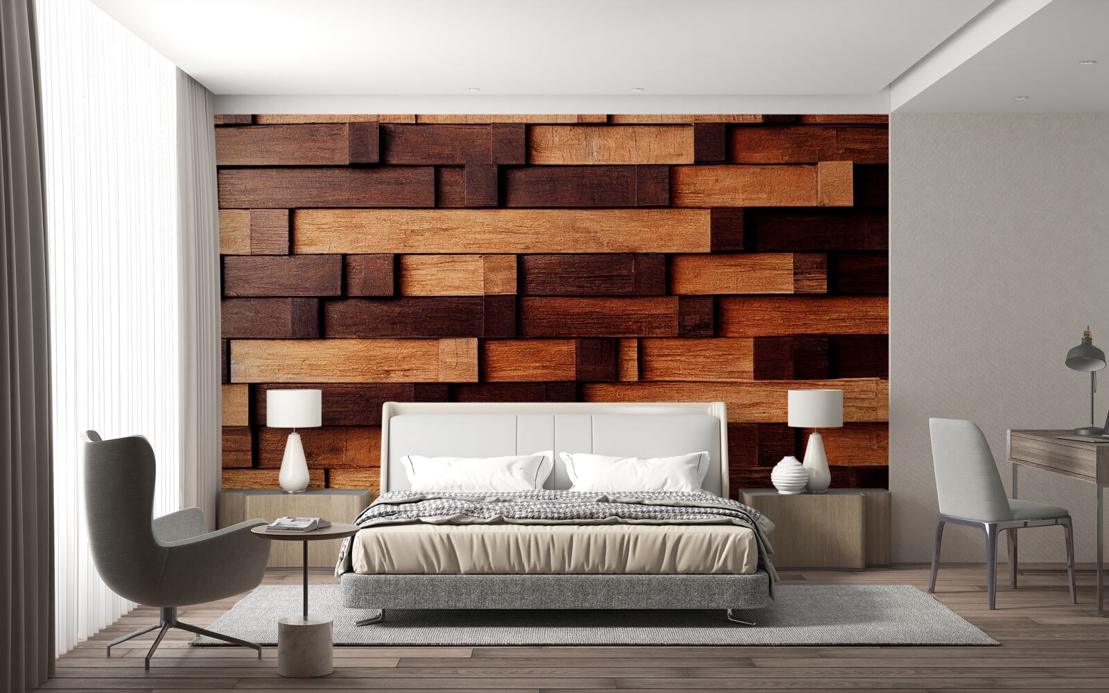 Fotobehang Wand opgebouwd uit houten balken in donkerbruine en lichtbruine tinten