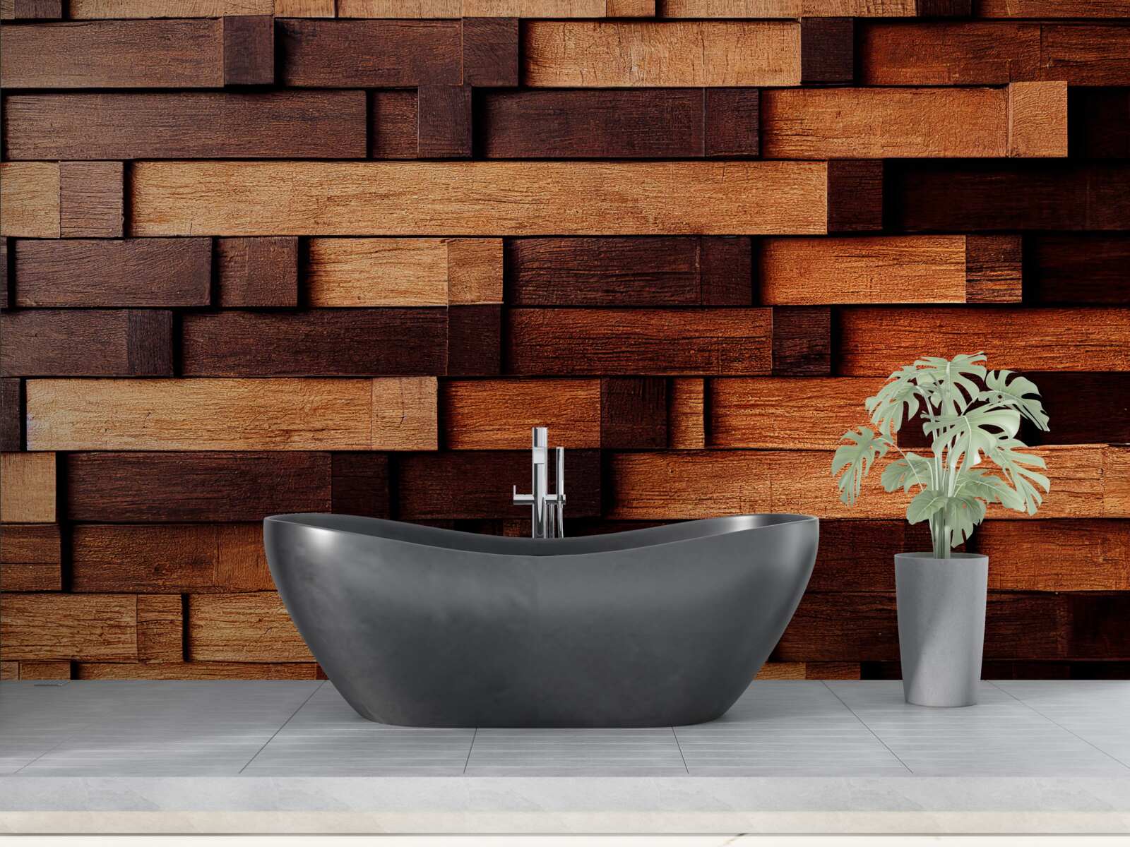 Fotobehang Wand opgebouwd uit houten balken in donkerbruine en lichtbruine tinten