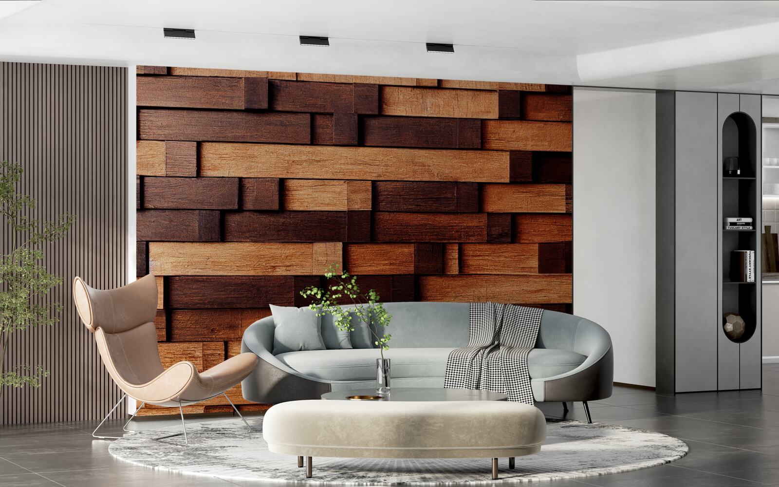 Fotobehang Wand opgebouwd uit houten balken in donkerbruine en lichtbruine tinten