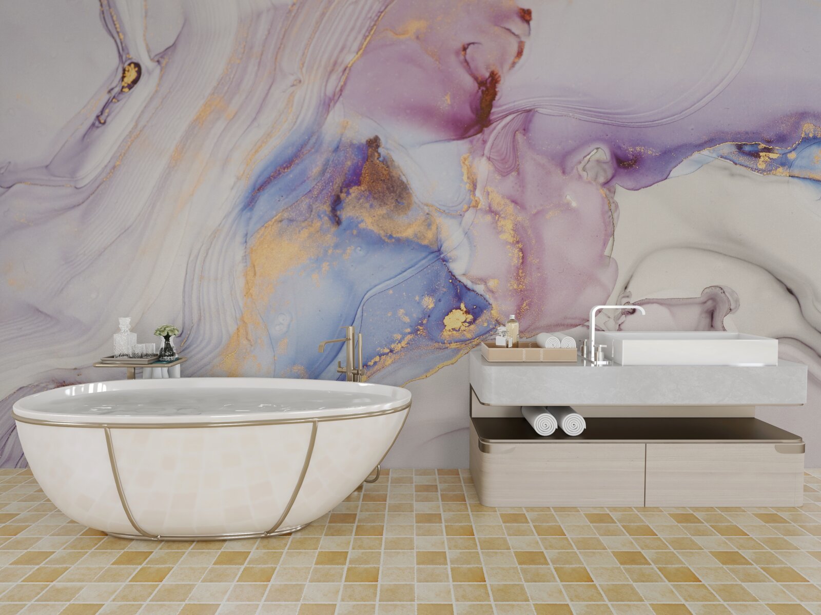 Fotobehang marmeren achtergrond met aquarel bed lampenkap