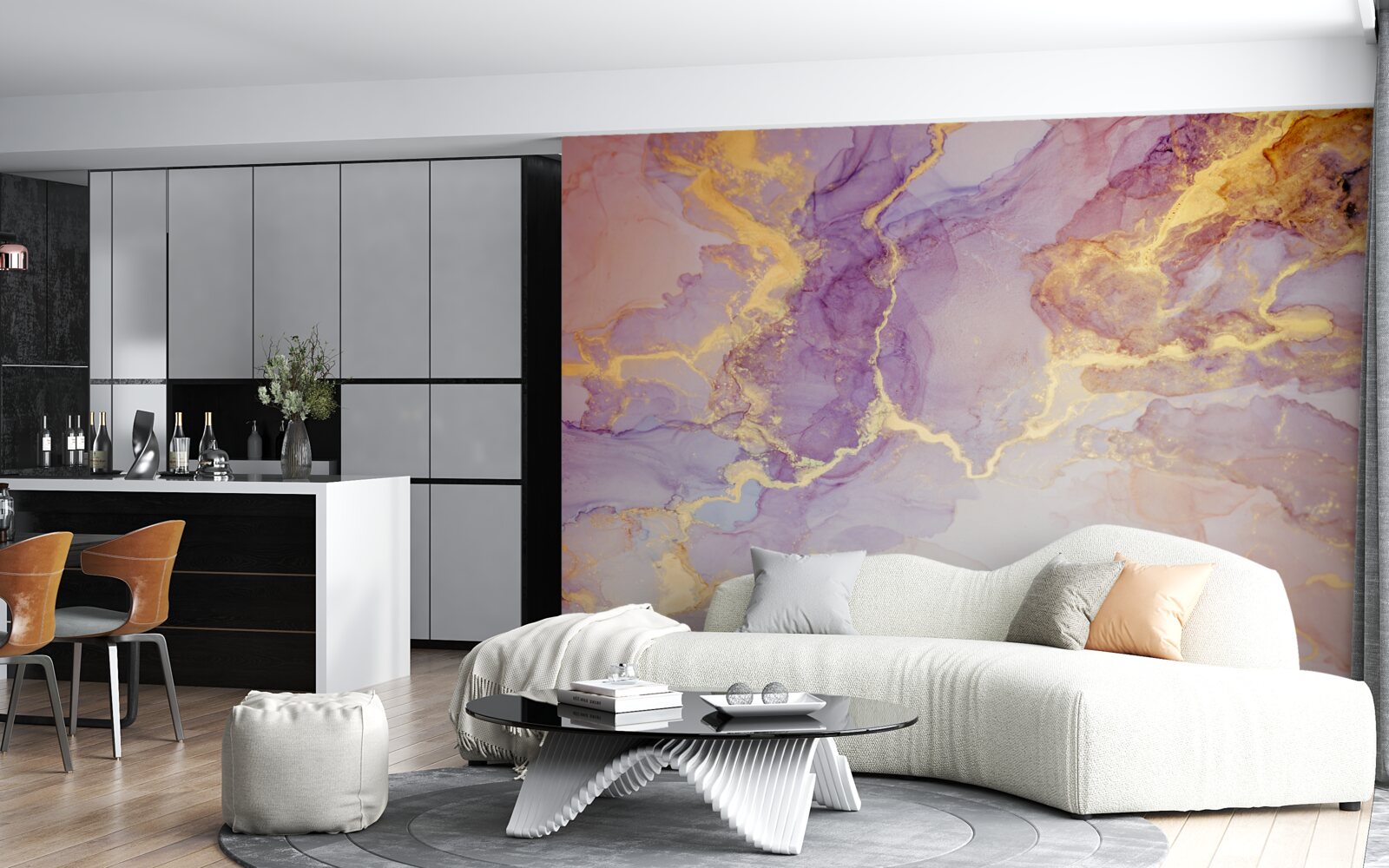 Fotobehang lila vloeistof met een gouden tint